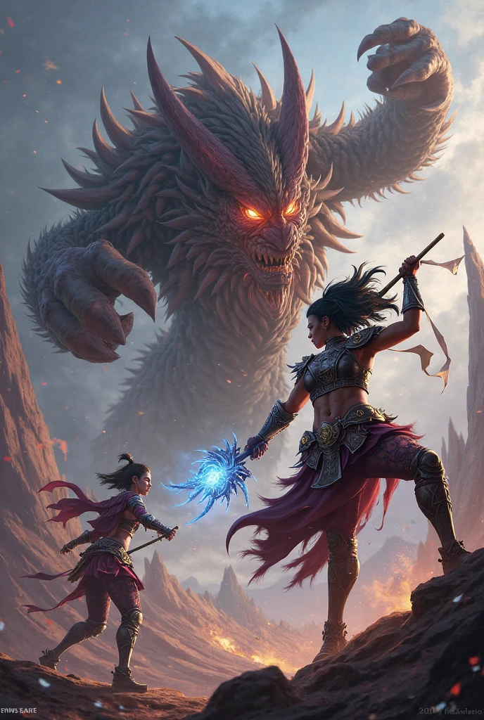 A thrilling and epic battle scene, with multiple warriors engaged in a fierce brawl amidst the stunning and imaginative backdrop of a fantasy world.