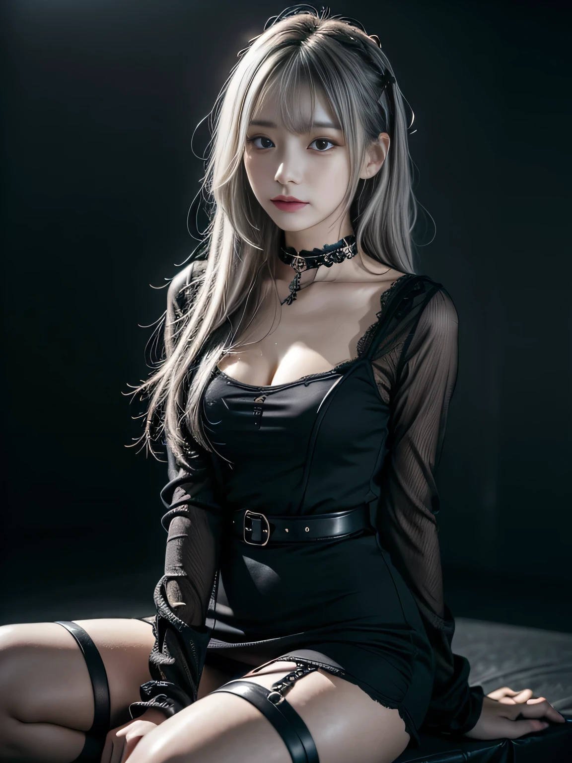 (ultra high definition, 8K, masterpiece: 1.3) ((long gray hair)) ((pale skin)) ((black lips)) A moist and shiny body soaked in sweat, She is surrounded by headstones and the background is a dark cemetery.,depth of field, fish eye lens, highest detail, from above, dark night