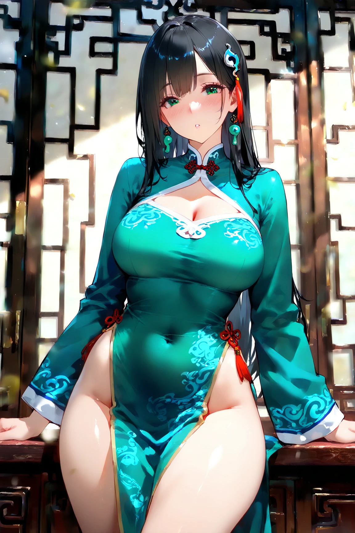 (masterpiece),(top-quality:1.2), (1 milf,38 years:1.4), (masuter piece:1.3),exquisitedetails, top-qualityの8K解像度, Ultra-detailed, Realistic, Vibrant colors, Soft tones, With warm and gentle lighting, (Shirt with wide open chest:1.5), (Long black hair:1.5), (Light bangs:1.3, High ponytail), (Lustrous hair, hairaccessories), (Emerald green eyes:1.3, fascinating eyes), Curvaceous, big breasts, Thin waist, toned big buttocks, traditional Japanese room, tight fabric sexy outfit