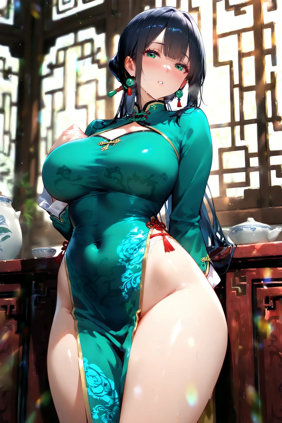 1female,45 yers old,Married woman,熟妇,mature,a little bit chubby,A MILF,the breasts are large,big chest and thin waist,long leges, 独奏,(Background with:the rainforest,lotus flower,ponds,,) She has short black hair,bobo head,,seen from the front, Stand deep in the forest, The sky is mostly cloudy,(((tmasterpiece),(Very detailed CG unified 8k wallpaper),Best quality,电影灯光,detailed back ground,beautidful eyes,Bright pupils,黑The eye,Snow-whiteskin,Redlip(very delicate beautiful),(Beautiful and detailed eyes description),ultra - detailed,tmasterpiece,))facing at the camera,A high resolution,ultra - detailed),Expose breasts exposed,Bare genitals, Protruding genitals,legs are open,Raised sexy,Camel toes,cook(dressed in:Oversized bust,drooping chest,nakeness,green apron,on cheongsam)