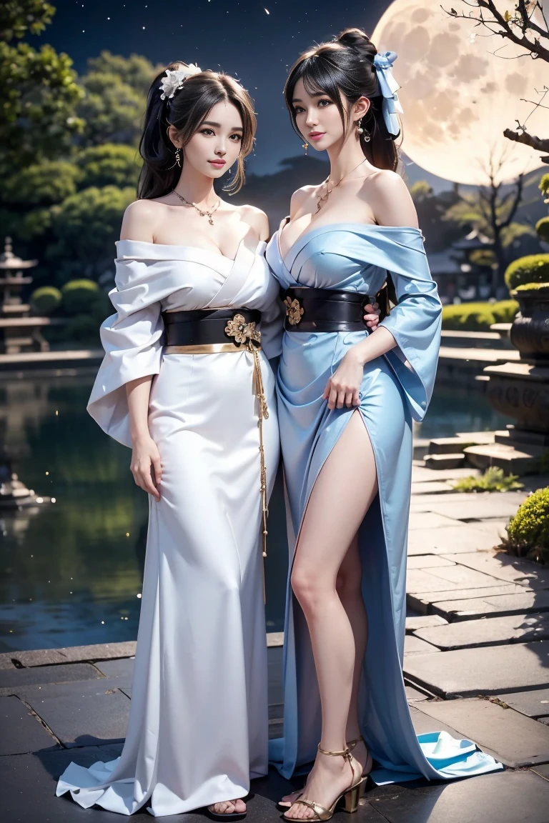 painting of a woman in a blue dress standing in a garden, gigantic cleavage breasts, a fine art painting by Chen Lin, trending on cg society, fantasy art, fantasy art style, ethereal fantasy, a beautiful fantasy empress, beautiful fantasy art, ((a beautiful fantasy empress)), fantasy beautiful, beautiful fantasy maiden, ethereal beauty, palace , a girl in hanfu, vibrant fantasy style