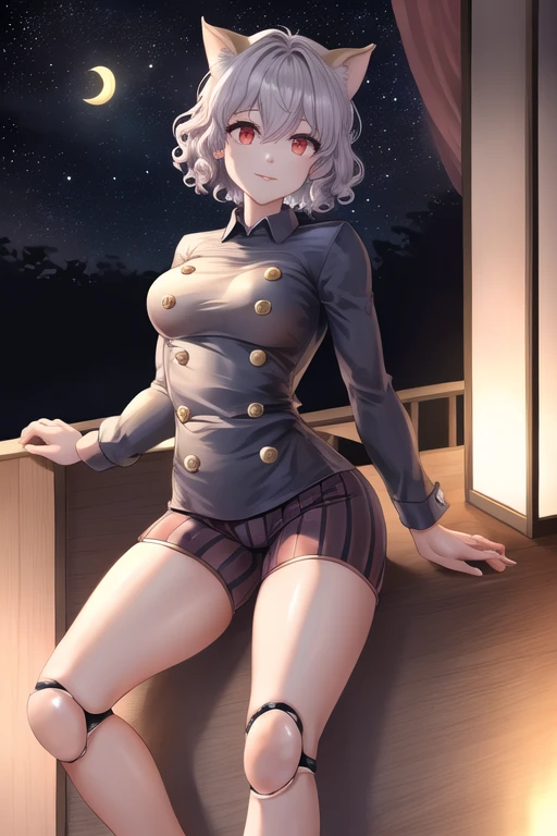 (White long sleeve collared shirt:1.1), (Huge breasts:1.2), Modern Japan, School rooftop, smile, (Very short pleated mini skirt:1.4), Knee, Thighs, , (Black blazer:1.3), Short Hair, (miyabi_face:1.2), Short Hair,, Silver Hair