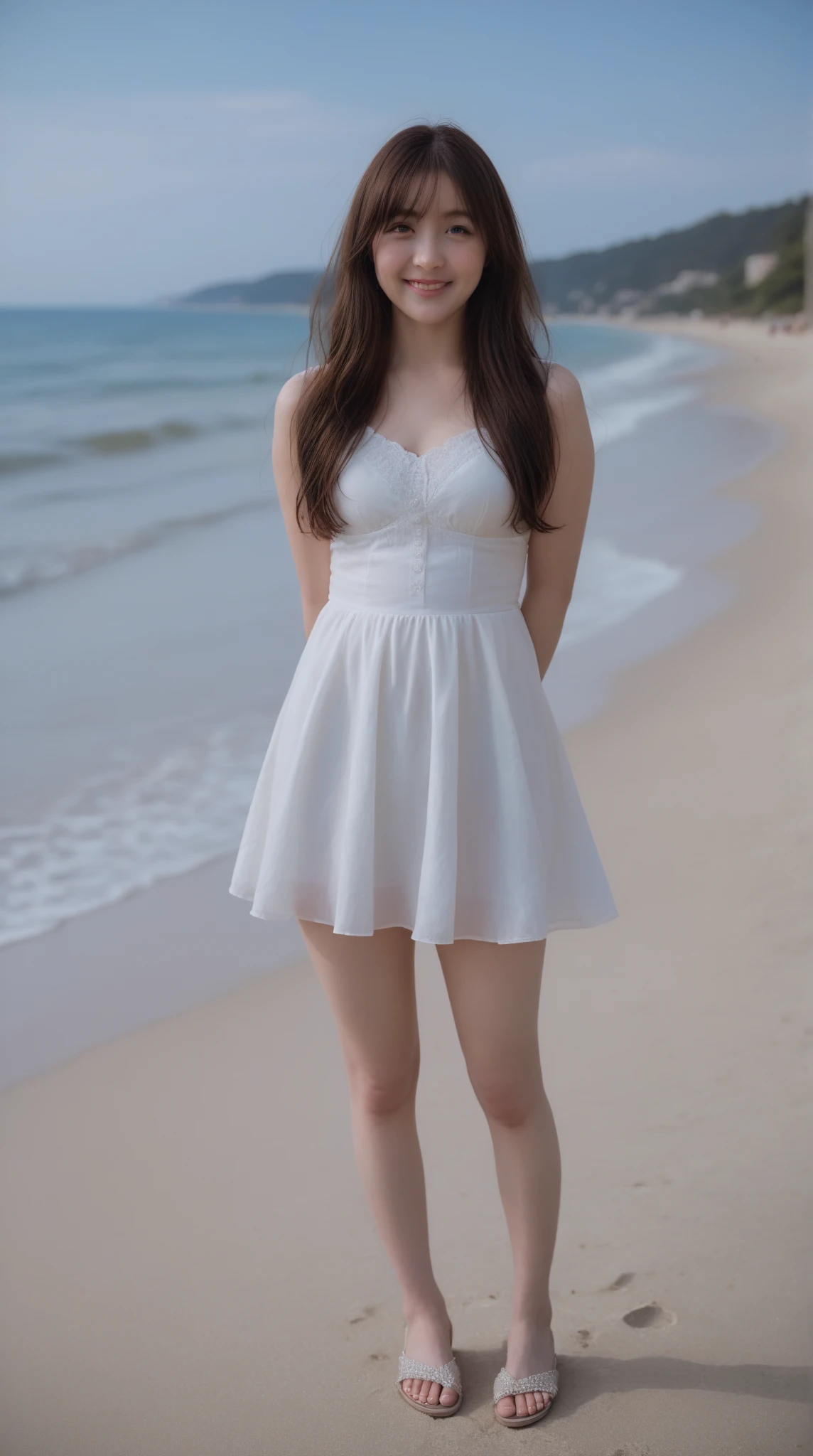 Full Body Shot、Tropical sandy beach、(masterpiece、8K、RAW Photos、wonderful、最high quality、Very detailedな CG 統合 8K 壁紙、high quality、Very detailed、narrative poem、Depth of written boundary、Cinematic Light、Lens flare)、Black-haired、Beautiful Face、True Face、Beautiful details、eye、Beautiful Skin)、髪がWindで踊る、Hair flutters in Wind、Hair bounces、wonderful景色、Morning Glow、Sun in the background、Wind、
