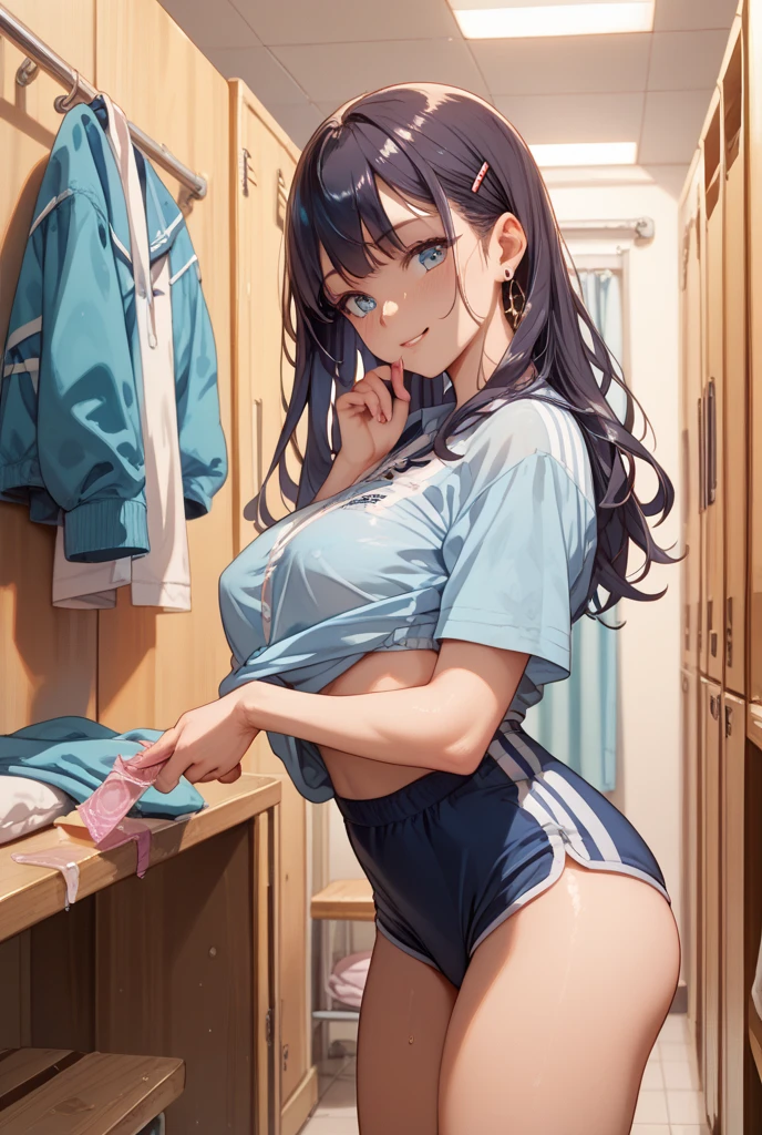 anime girl,medium breasts,muslos grandes,with volleyball clothes,in the bathroom,changing,blush
