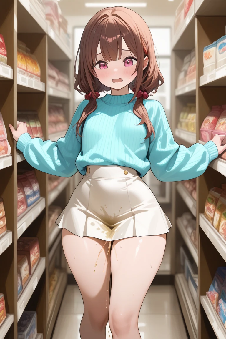 Nagino Sakura, brown eyes, brown hair, hair band, medium length hair, empty eyes , Running, wearing nothing, big anime eyes, , shiny hair, bare-skin, navel, the groin, BREAK in front of convenience store, large breasts、 Nipples, nsfw, nipple , wet, Flooding. sea. solo