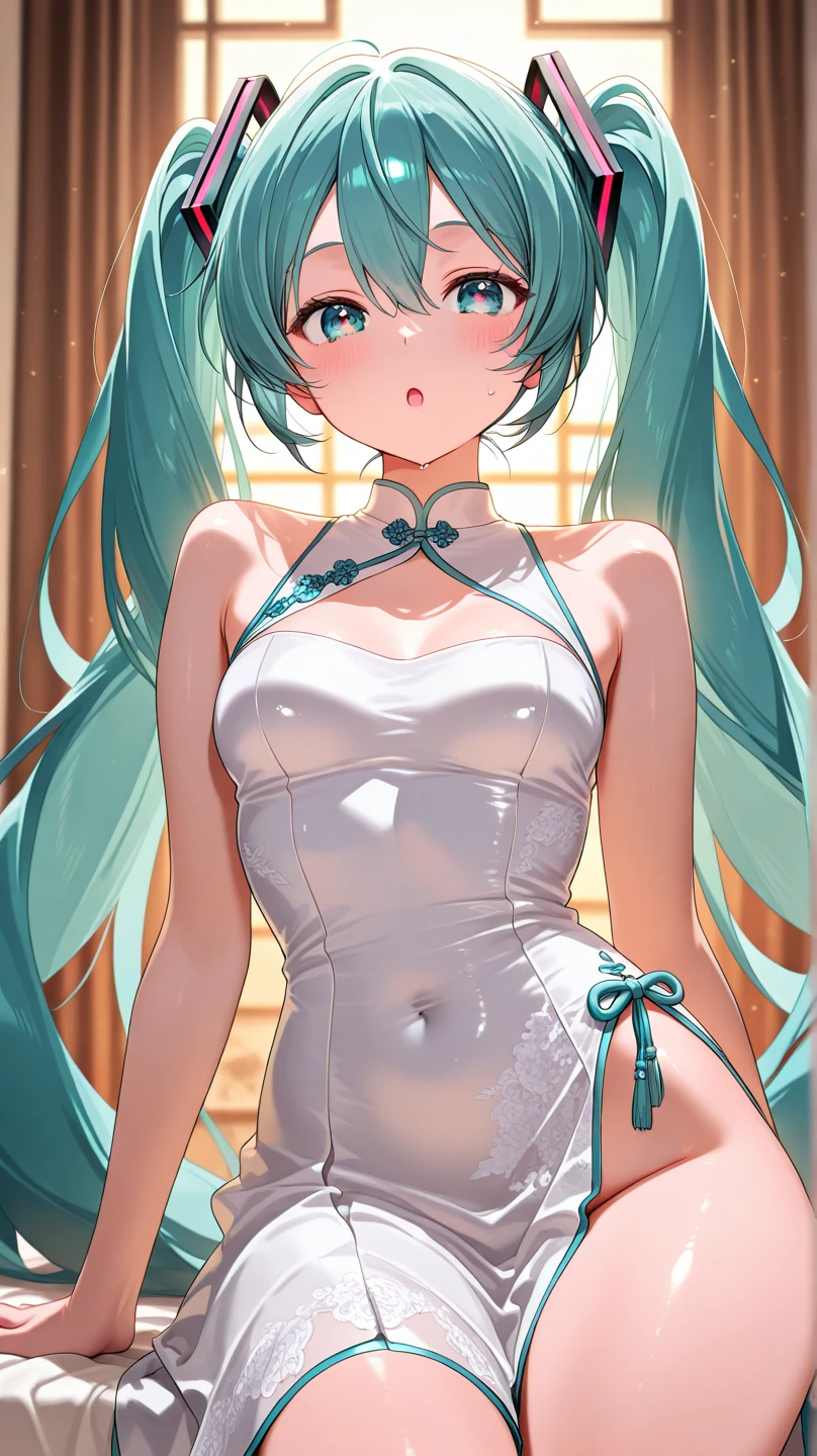 Super detailed, NSFW, masterpiece, High resolution, Photorealistic digital art, perfect lighting, (((1 girl, perfect anatomy))), accurate right hand, accurate left hand, five fingers, perfect style, shy smile, (hatsune miku,) 3d face, big light blue-green eyes, glossy lips, blue-green long hair, shiny skin, (((twin tails))), big square hair accessories, (((White long dress))), The light highlights the body lines, Focus on the groin,