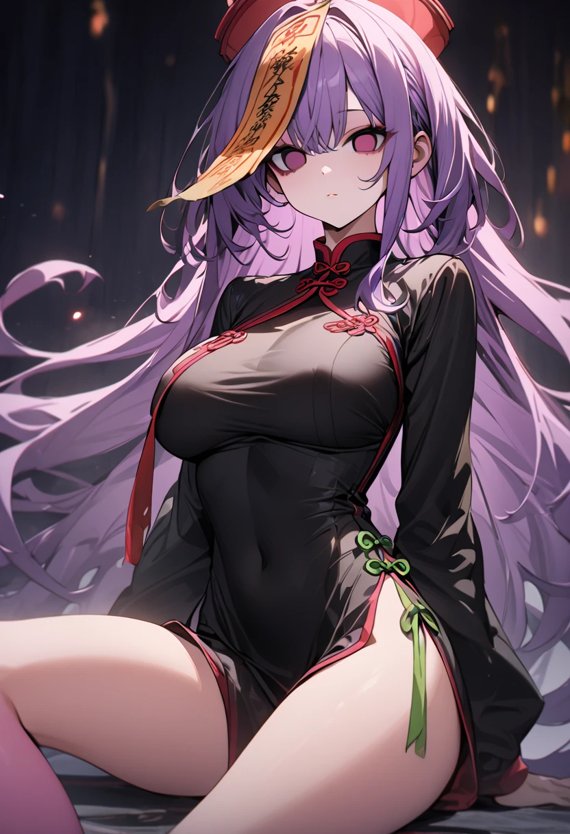 1 girl, game CG, orange mini dress, visible cleavage, visible shoulders, visible navel, black witch hat, cloak, orange panties, hair ribbon, gigantic breasts, light purple hair, long hair, french braid, purple eyes,Halloween background ,