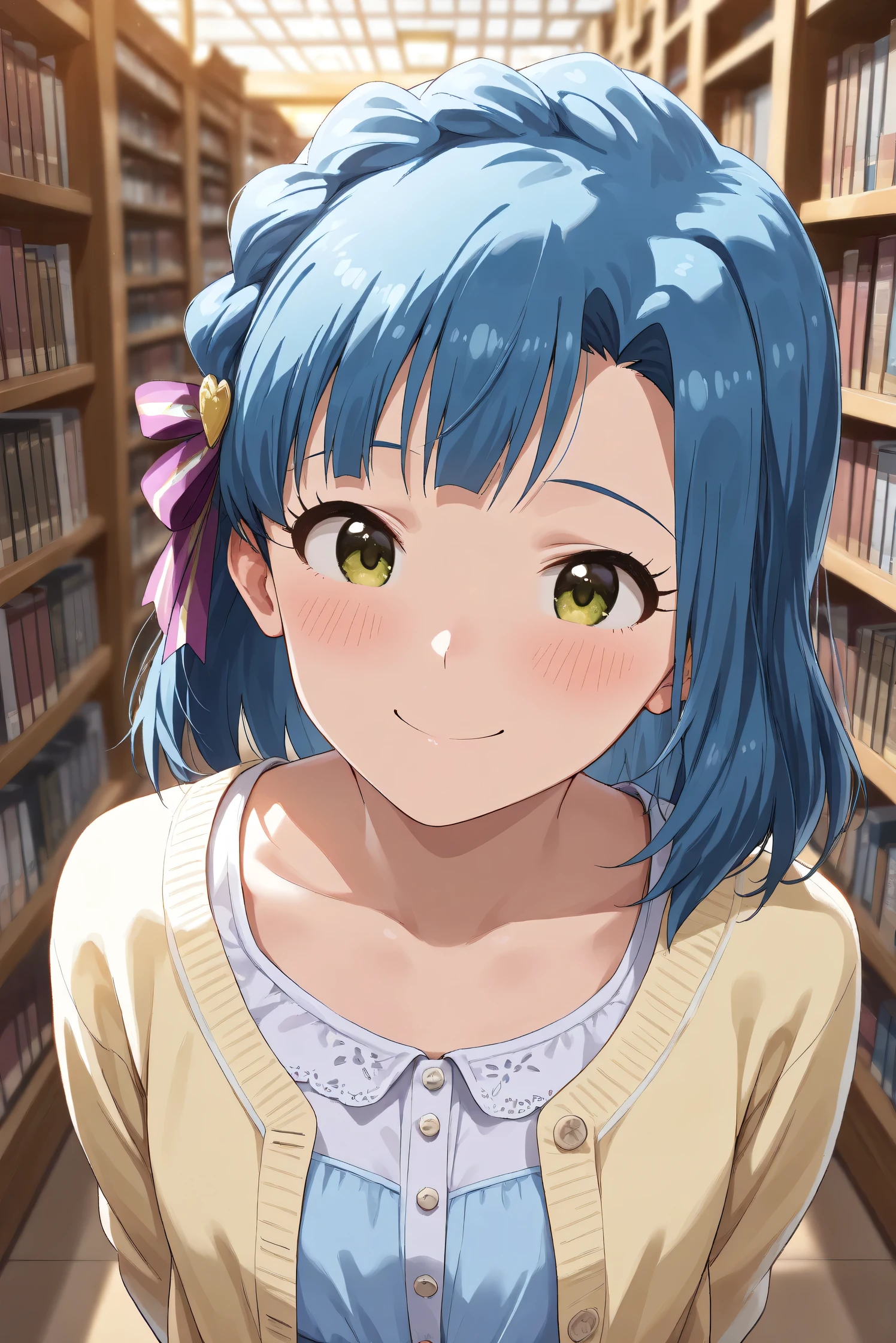 (Masterpiece), (Highest quality), (Very detailed),
(The best shape), (Best Shadow), (Absurd),
(Detailed background), (So beautiful), (Shiny),
(Extraordinary), (Countershading), (8k), (32K),
(High resolution), (Very Detailed CG), (UHD),
(Score_9), (Score_8_up), (Score_7_up),
(Source_anime), (Pastel painting:1.2),
(Watercolor painting:1.2),(Masterpiece, Detailed:1.2), (Foreshortening:1.2),
(Cinematic), (Dramatic), (Depth of field:1.4),
(Blurry background:1.4), (Realistic background:1.4),
(Dynamic angle), (1 girl),
(indoor), (evening), (Library),
(Casual wear:1.3),
(light blue one piece:1.2),
(yellow cardigan), (open cardigan),
(Portrait), (Focus on face), (Close up shot),
(Blush:1.3), (Happy), (Smile),
(Arms behind back),
(Realistic skin), (Shiny skin),
(o Yuriko),
(The idolmaster million live!),
mirishita, yuriko, hair ribbon, purple ribbon,