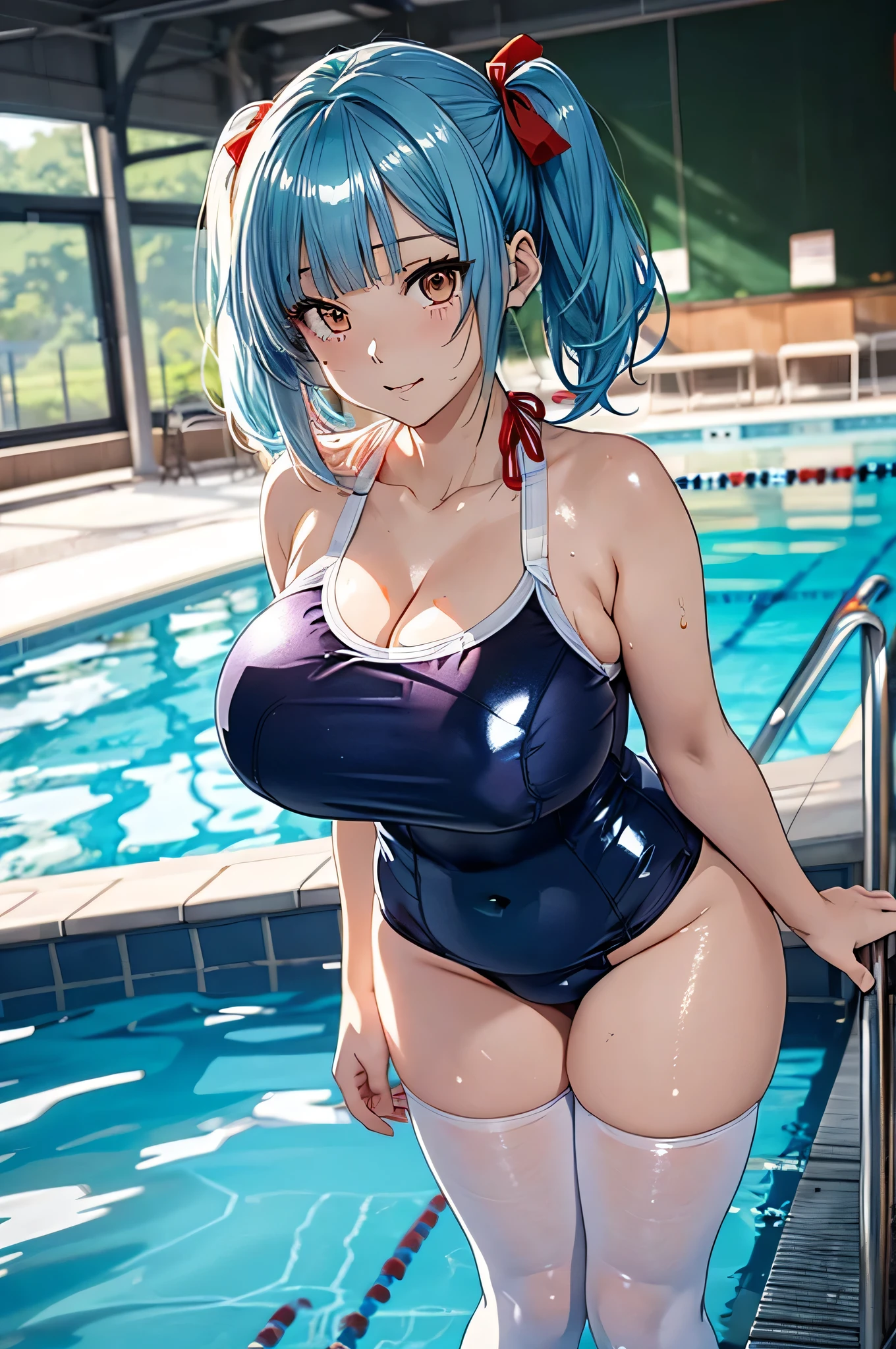 masterpiece, ultra-detailed, best quality, extremely detailed, 8k, high res, realistic, 1girl, 18yo, beautiful girl, (half closed eyes),(narrowed eyes:1.2),(open mouth), (blush:1.2),(competitive swimwear:1.4),blue beautiful eyes, medium bob hair, (asymmetrical parted bangs), (dark blue beautiful hair),BREAK, (voluptuous bust:1.3),looking at viewer,white background, full body