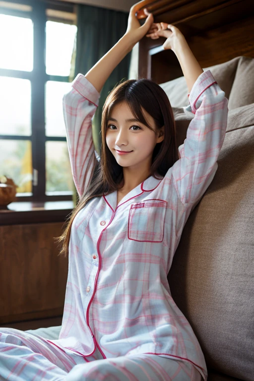 (shoulder-length straight bob hair:1),（Extremely meticulous CG),(((8k))),wallpaper,(Extremely refined and beautiful),(Masterpiece:2.0），（best qualtiy:2.0），（Ultra High Resolution:2.0),beautiful light up，Perfect lightning,realistic shaded，[A high resolution],(Smooth and flawless fair skin:1.5),Extremely exquisite facial details,ultra - detailed,A  girl,small head,small face,clear face,Exquisite makeup,red lips,Close Shot,at home,In study,Bookshelf,(Sitting on a chair by the desk:1.3),(many books and stationery on the desk:1.2),(laughing:1.2),(perfect body:1.1),small breasts,flat chest,slim,thin,(white pajama dress:1.5),(femal orgasmic:1.5),(blush:1.3),ahegao,cowboy shot,portrait,from front,day scene,dim light,blue green wall,Yellow curtains,(Outside the window are tall buildings:1.3),winter,(snowing outside:1.2)