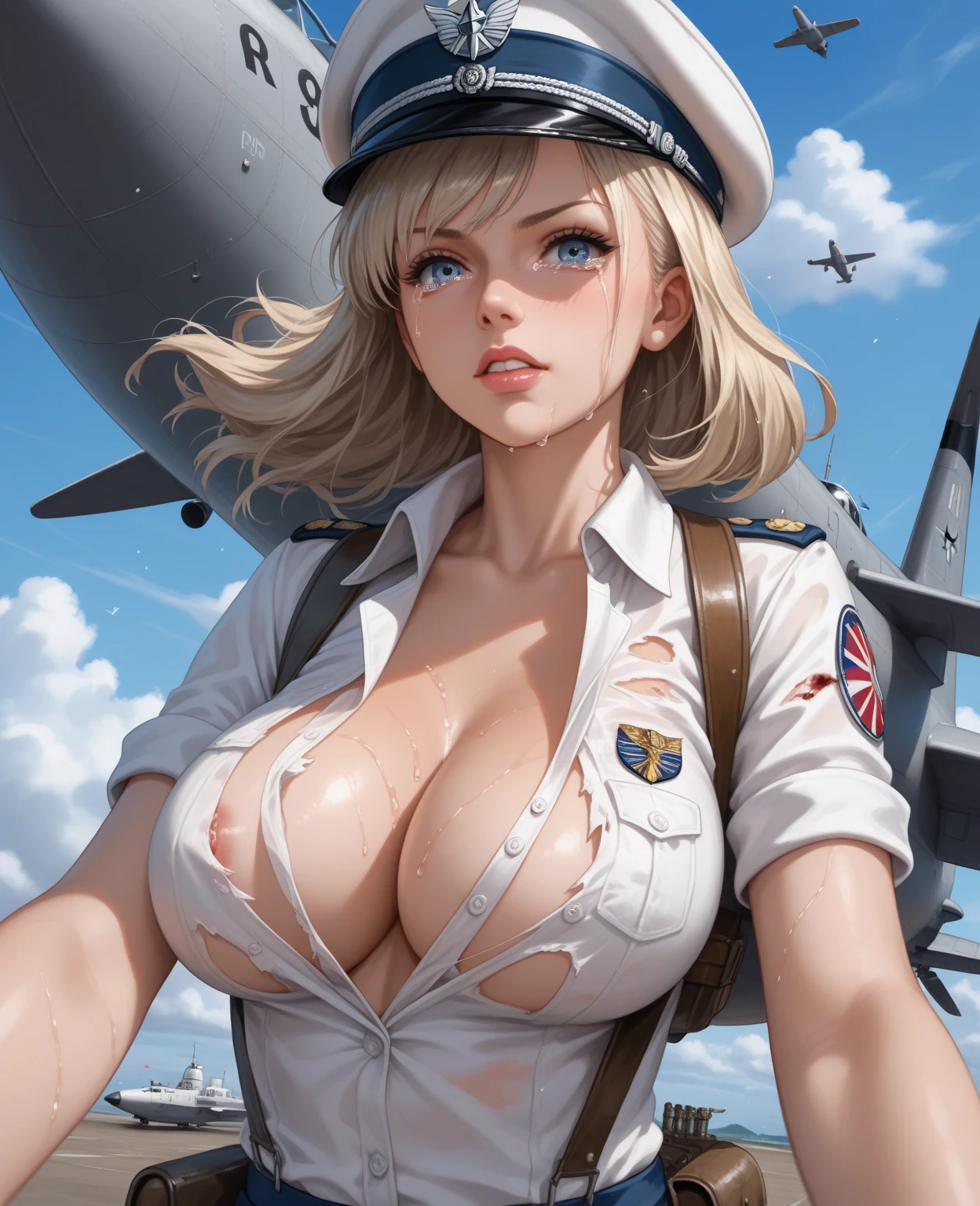 nsfw:1.1, high resolution:1.7, incredibly absurdres, kawaii:1, cute:1.5, hires.fix,anime visual:1,incredibly fine illustration,8k,masterpiece:1.2,best quality, high quality, exquisite, beautiful,insanely detailed, intricate detailed, extremely detailed, Super Definition,ultra high res, Super Resolution, best aesthetic, ultra detailed:1.5,best quality, perfect face, detailed face, masterpiece:1.2, illustration:1.2, 8k cg wallpaper, stunning art,absurdres,octane render,ultra hires, 1womanl,18yo,MILF,Bigchest,Raised sexy,Pornographic exposure, solo,Beauty contests,standing on your feet(Background with:aerodrome,snow mountains,Planes,at winter season,Blizzarding,Big snowflakes)in an airplane, She has long blonde hair,Long hair flutters in the wind,Redlip,Snow-white skin,dynamicposes,Sweat profusely,drenched all over the body,seen from the front, hair straight, mostly cloudy sky,(((tmasterpiece),(Very detailed CG unity 8K wallpaper),best qualtiy,cinmatic lighting,detailed back ground,beatiful detailed eyes,Bright pupils,(Very fine and beautiful),(Beautiful and detailed eye description),Blue eyes,Redlip,ultra - detailed,tmasterpiece,)),facing at camera,(The upper part of the body),A high resolution,ultra - detailed),revealing breasts,Bare genitalia, Bulge,legs are open,sexyposture,Camel toes,Flushed complexion,Open-mouthed,frontage,air force,military hat(Wearing:Red transparent Air Force shirt,Large colored bow tie,,Gold wire embroidery,Black suspenders,Bare breasts)