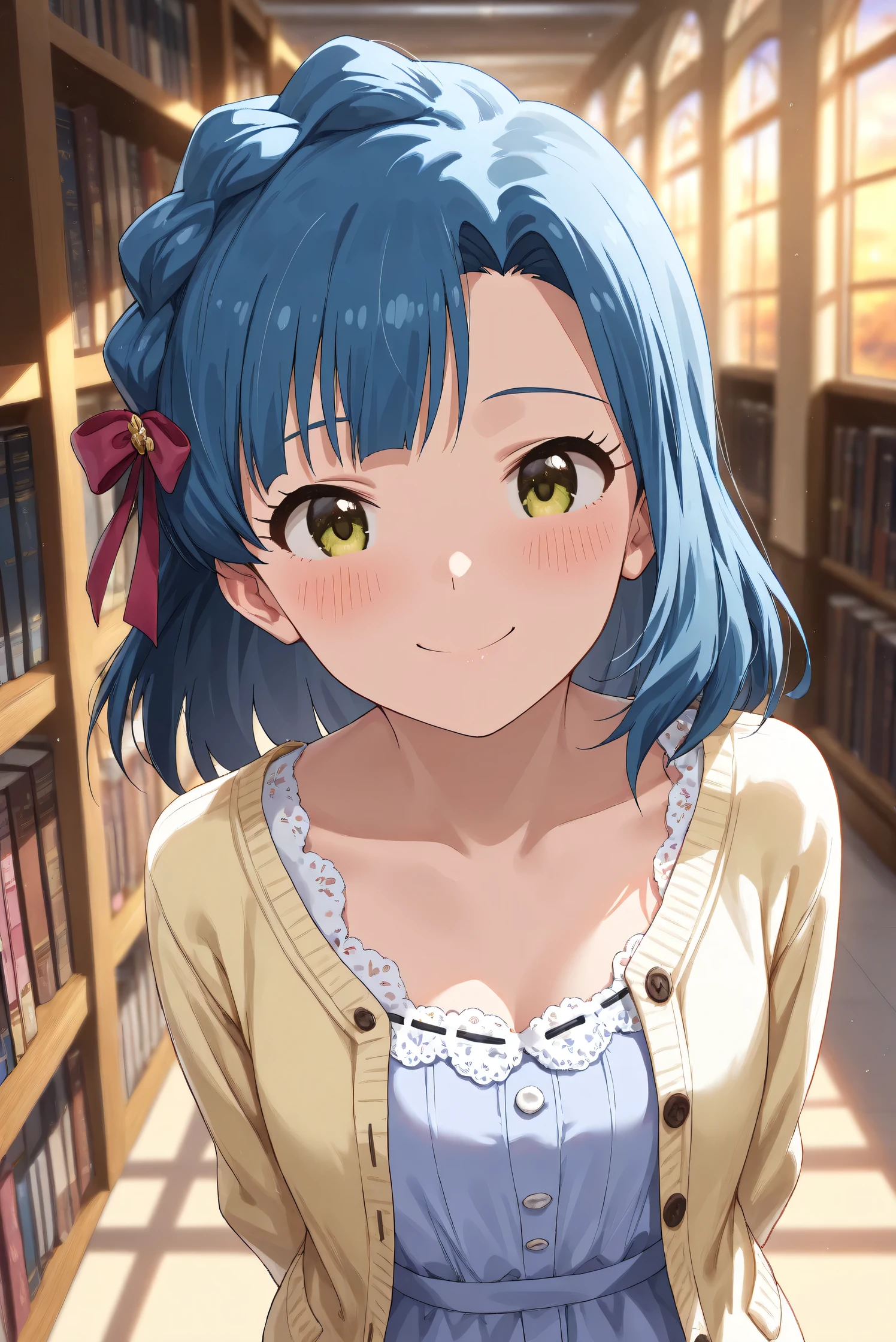 (Masterpiece), (Highest quality), (Very detailed),
(The best shape), (Best Shadow), (Absurd),
(Detailed background), (So beautiful), (Shiny),
(Extraordinary), (Countershading), (8k), (32K),
(High resolution), (Very Detailed CG), (UHD),
(Score_9), (Score_8_up), (Score_7_up),
(Source_anime), (Pastel painting:1.2),
(Watercolor painting:1.2),(Masterpiece, Detailed:1.2), (Foreshortening:1.2),
(Cinematic), (Dramatic), (Depth of field:1.4),
(Blurry background:1.4), (Realistic background:1.4),
(Dynamic angle), (1 girl),
(indoor), (evening), (Library),
(Casual wear:1.3),
(light blue one piece:1.2),
(yellow cardigan), (open cardigan),
(Portrait), (Focus on face), (Close up shot),
(Blush:1.3), (Happy), (Smile),
(Arms behind back),
(Realistic skin), (Shiny skin),
(o Yuriko),
(The idolmaster million live!),
mirishita, yuriko, hair ribbon,
