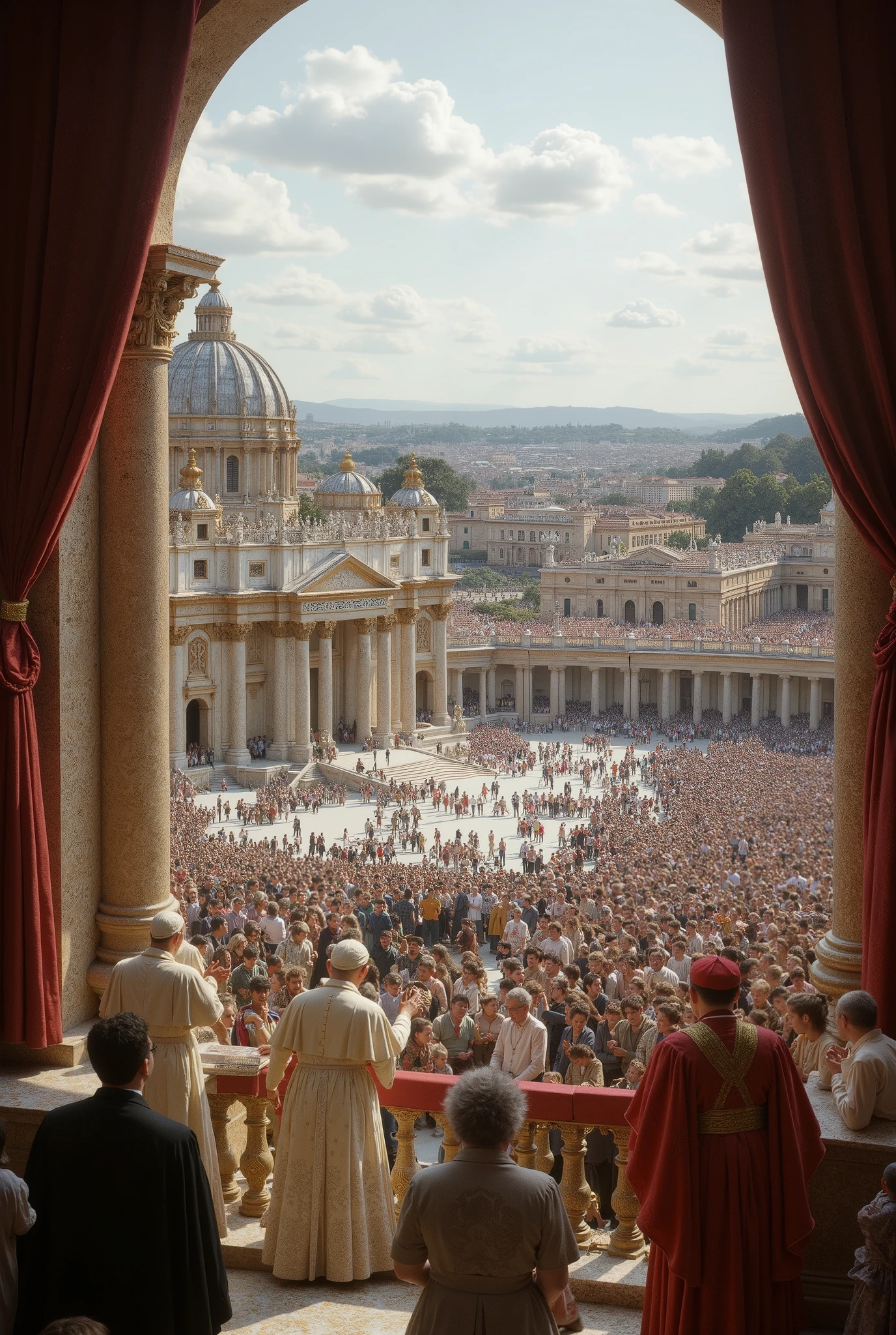 Vatican City with many people listening to the Pope's words.