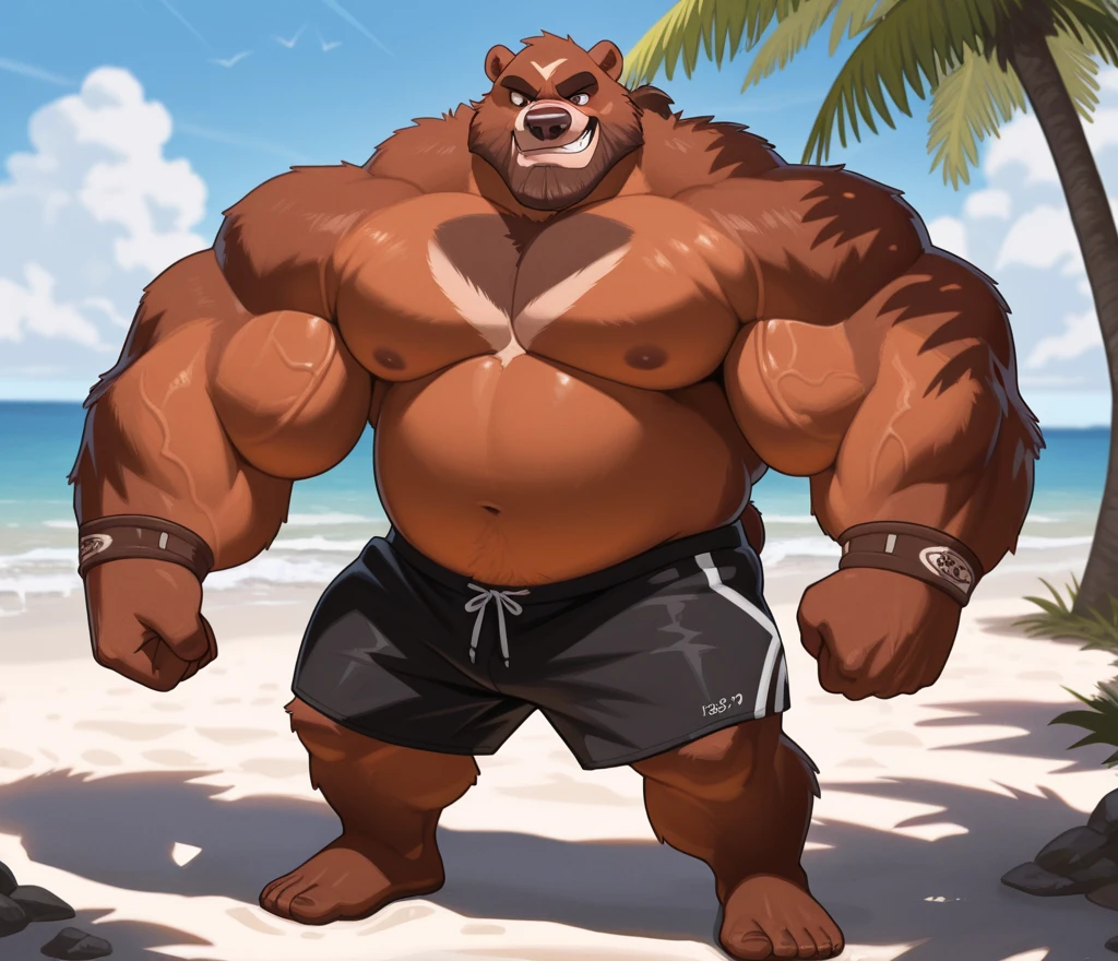 Chubby, furry,male , anthro bear, dark orange fur, cream fur, black hair, very plump, middle aged , mouth covered mustache,Thick beard, seductive , detailed , full body , tight tank top, lifted up, chest and belly exposed, naked, hyper penis bulge:1.65, bulge detailed, hyper lactation pecs:1.75, extremely hot and sexy, eye ls half closed, black pupils, eye contact, seductive, horny, hot, white tank top, speedo, sweaty, beach setting, afternoon, blue sky, hot temperature, day time, one arm raised, hairy armpit, by hyaku