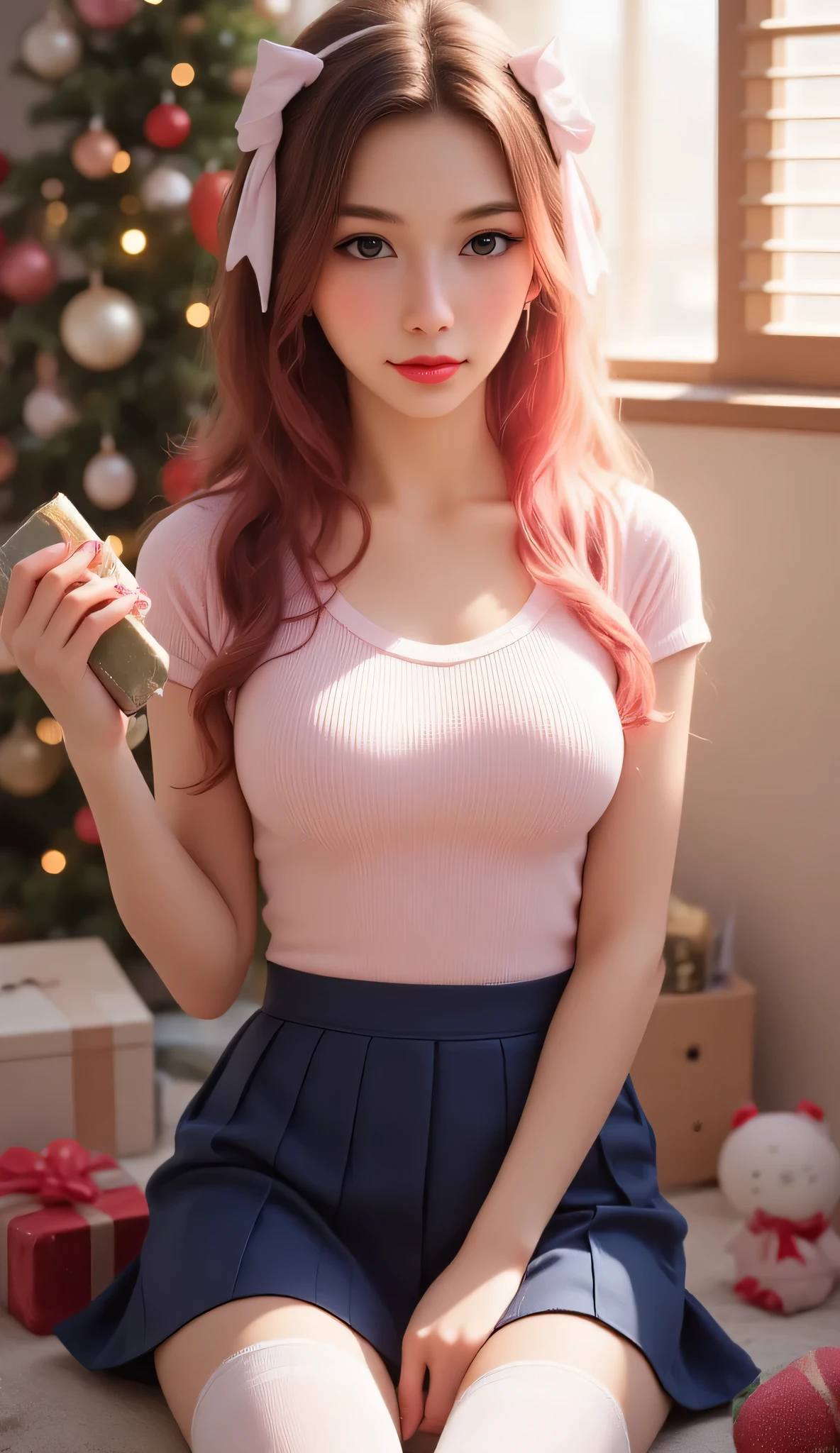 A cozy indoor scene featuring a solo girl with long brown hair adorned with a hair bow and ribbon. She sits gracefully, holding a small gift, with her hair slightly off her shoulder. She wears a hair bow, long hair, pink hair, bow, BREAK blue skirt, kiyosumi school uniform, pleated skirt, school uniform, serafuku, skirt and white thighhighs, adding a touch of elegance. The setting is a festive Christmas atmosphere, looking in love with the viewer, BREAK looking at viewer, (((Greatly emphasizing that she is crying because of the pleasure of climax and orgasm due to heightened sexual sensation))), with blinds casting soft light into the room. The composition highlights her gentle expression and the intimate connection with the viewer, seductive smile, creating a warm and inviting ambiance.