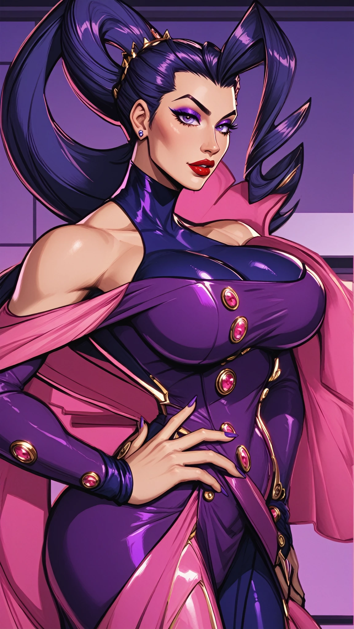 purple eyes, (best quality, masterpiece painting,:1.1), Oboro, mature female, full body shot, bodycon, micro skirt, navel cutout, mini skirt, purple hair, short hair, huge breasts,nude (narrow waist:1.1), cleavage, perfect body, (athletic body:1.1), soft skin, anime face, perfect face, (perfect eyes:1.1), purple irises, anime eyes, smoky eyeliner, eyeshadow, asian, smirking, looking at viewer, night city background, neon lights, sharp focus, intricate details, professional artwork, (vibrant colors:1.1), vivid colors, Diffused lighting, digital blending, ultra detailed body, ultra detail hair, ultra detail face, trending on pixiv, by Kagami Hirotaka, Harue Koga,