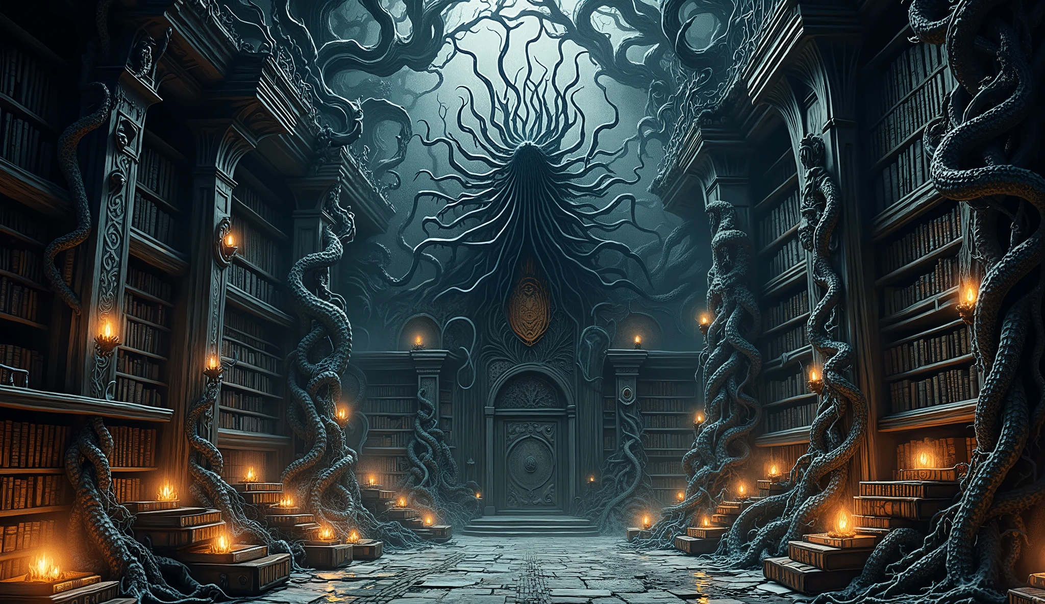 An Eldritch library, darkness, candlelight, bookcases covered in thorny vines and tentacles, surreal, Gothic aesthetic, high detail, masterpiece.