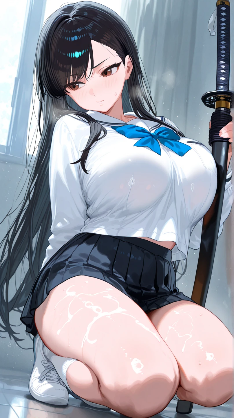 high school girl、beautiful girl、Black Hair、Big breasted body type、Wet white panties、Without skirt、Sailor-style 、Flushed Cheeks、Moist eyes、Shy expression、The veranda on a rainy day、Erotic atmosphere、Immoral scene、Sensual scene、Wet Hair、Wet Skin、Wet clothes、