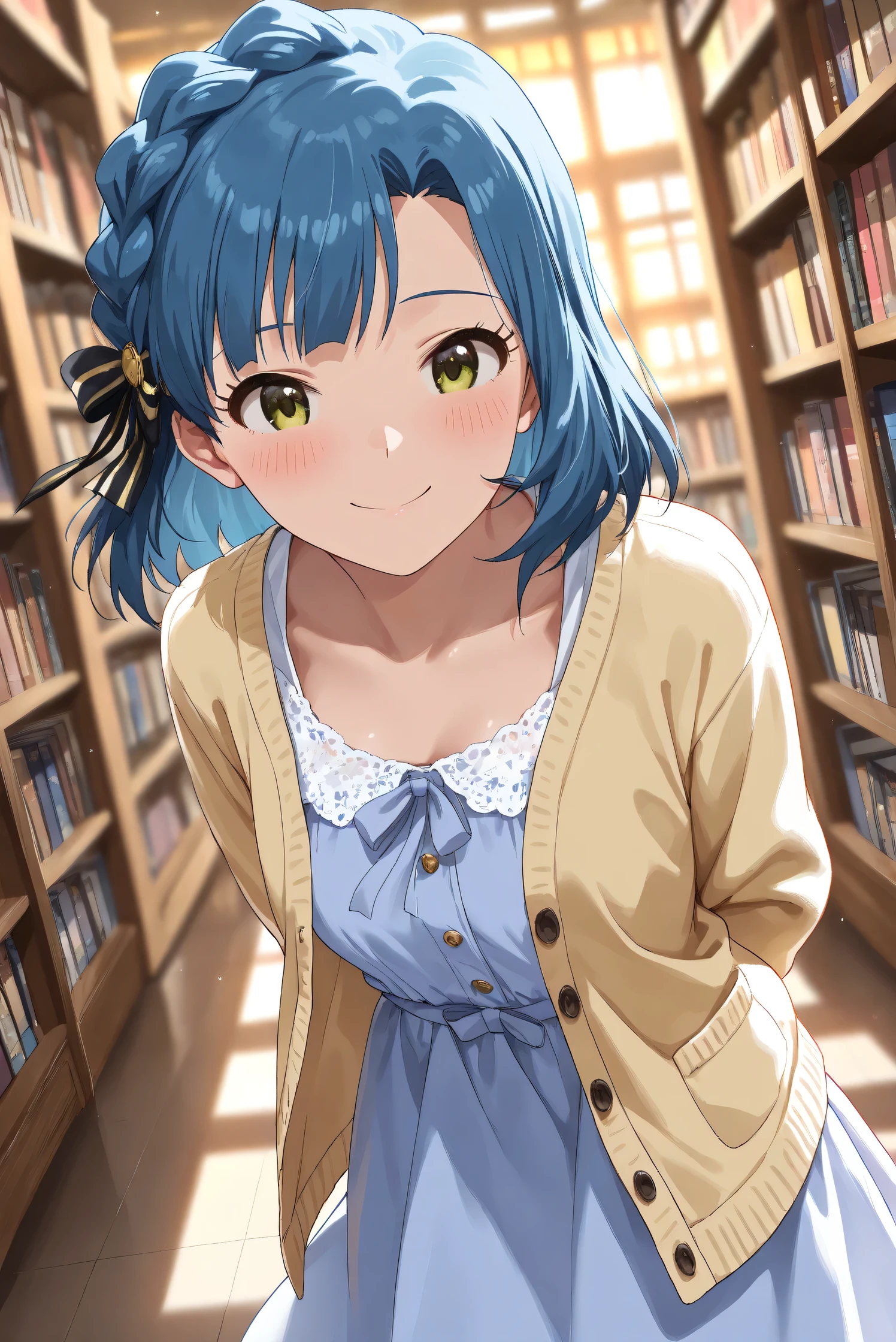 (Masterpiece), (Highest quality), (Very detailed),
(The best shape), (Best Shadow), (Absurd),
(Detailed background), (So beautiful), (Shiny),
(Extraordinary), (Countershading), (8k), (32K),
(High resolution), (Very Detailed CG), (UHD),
(Score_9), (Score_8_up), (Score_7_up),
(Source_anime), (Pastel painting:1.2),
(Watercolor painting:1.2),(Masterpiece, Detailed:1.2), (Foreshortening:1.2),
(Cinematic), (Dramatic), (Depth of field:1.4),
(Blurry background:1.4), (Realistic background:1.4),
(Dynamic angle), (1 girl),
(indoor), (evening), (Library),
(Casual wear:1.3),
(light blue one piece:1.2),
(yellow cardigan), (open cardigan),
(Portrait), (Focus on face), (Close up shot),
(Blush:1.3), (Happy), (Smile),
(Arms behind back),
(Realistic skin), (Shiny skin),
(o Yuriko),
(The idolmaster million live!),
mirishita, yuriko, hair ribbon,