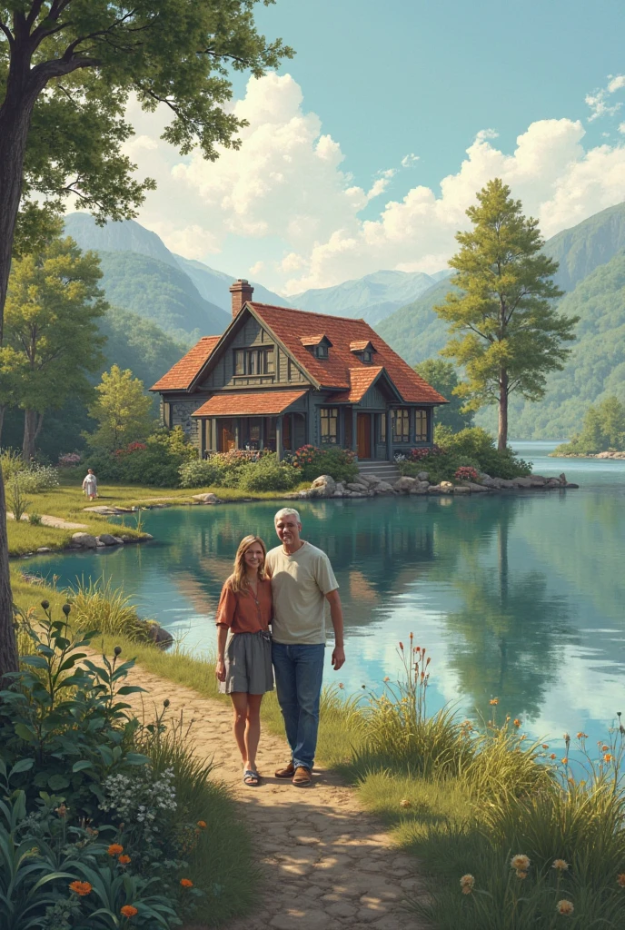 a man with a beard and glasses is with his children, a boy with curly blond hair and a girl with glasses and her hair tied in a ponytail. they are enjoying the scenery. best quality, 3d style.