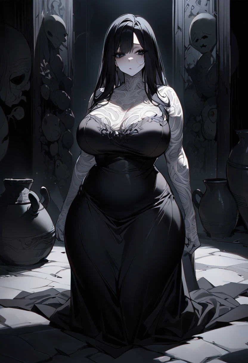 Anime-style woman in a black dress posing in front of a wall, Anime girl in a black dress, , thick, Beautiful and attractive anime woman, [ 4k digital art ]!!, Boob proportions, Enchanting anime girl, She has a plump, round belly, Tear from Overlord, Curvaceous. Detailed Expression
