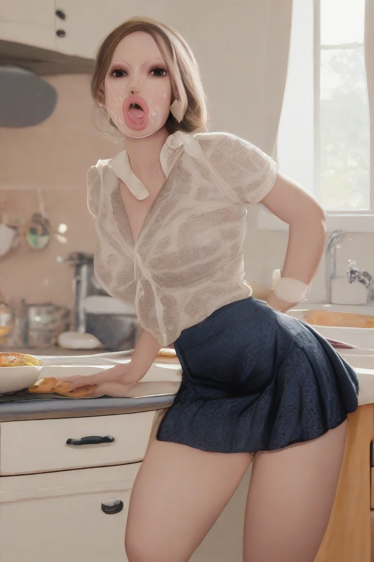 Red hair, short hair, open legs, White apron, panties negras sexy, white milk splash on her legs, big breasts, tears in the eyes, open mouth, saliva drips from the mouth, sexy black panties, Open shirt , bare breasts.