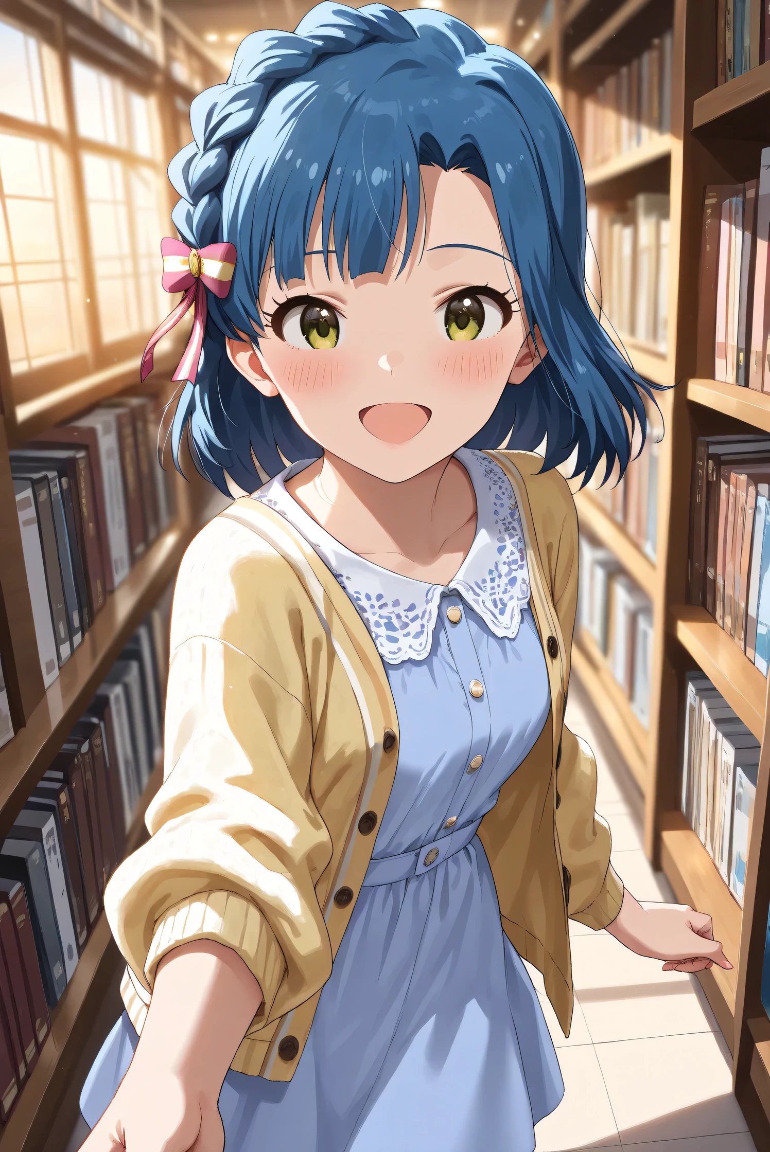 (Masterpiece), (Highest quality), (Very detailed),
(The best shape), (Best Shadow), (Absurd),
(Detailed background), (So beautiful), (Shiny),
(Extraordinary), (Countershading), (8k), (32K),
(High resolution), (Very Detailed CG), (UHD),
(Score_9), (Score_8_up), (Score_7_up),
(Source_anime), (Pastel painting:1.2),
(Watercolor painting:1.2),(Masterpiece, Detailed:1.2), (Foreshortening:1.2),
(Cinematic), (Dramatic), (Depth of field:1.4),
(Blurry background:1.4), (Realistic background:1.4),
(Dynamic angle), (1 girl),
(indoor), (evening), (Library),
(Casual wear:1.3),
(light blue one piece:1.2),
(yellow cardigan), (open cardigan),
(cowboy shot), (Focus on face), (Close up shot),
(Blush:1.3), (Happy), (Smile), (open mouth),
(talking to viewer),
(Realistic skin), (Shiny skin),
(Nanao Yuriko),
(The idolmaster million live!),
mirishita, yuriko, hair ribbon,