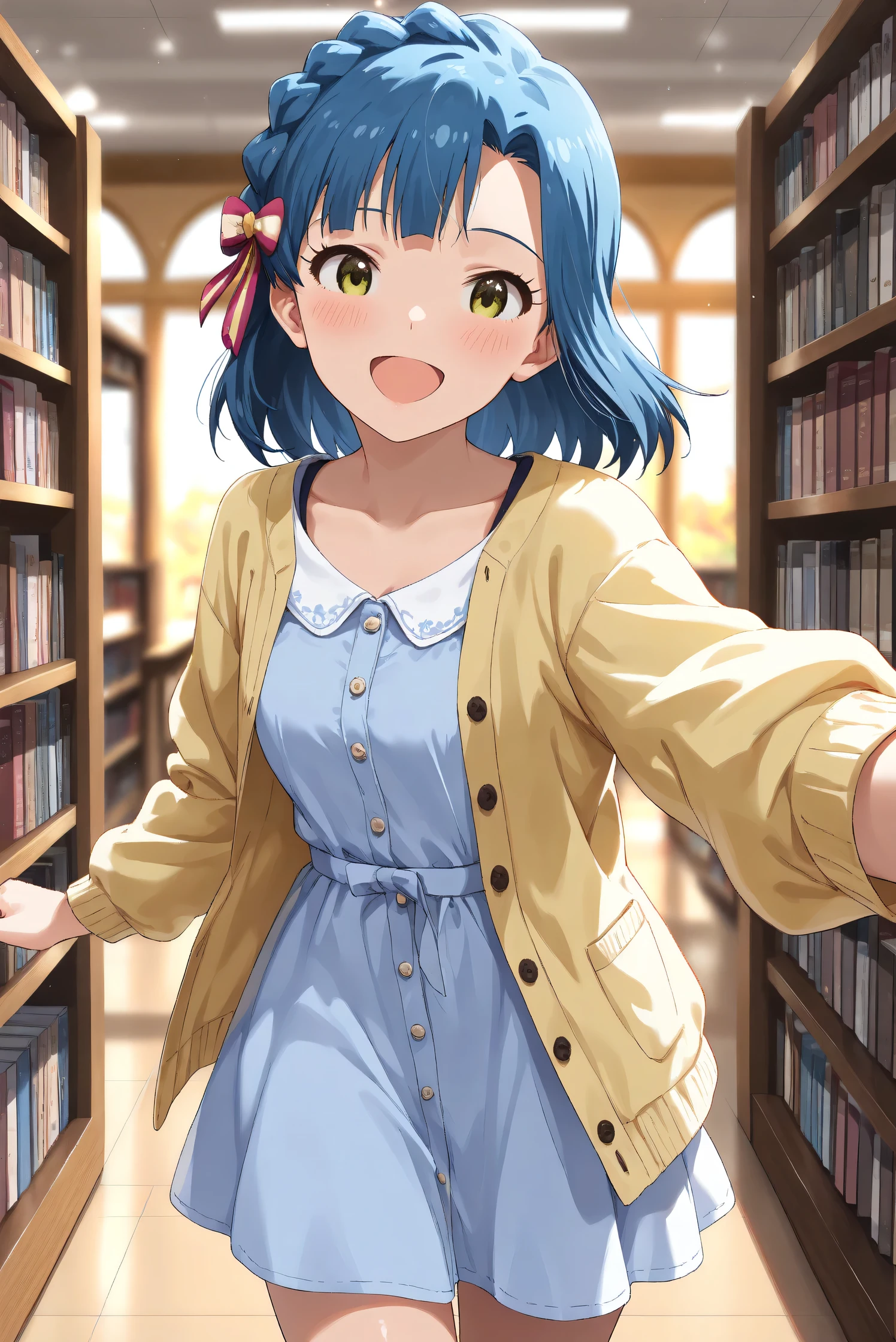 (Masterpiece), (Highest quality), (Very detailed),
(The best shape), (Best Shadow), (Absurd),
(Detailed background), (So beautiful), (Shiny),
(Extraordinary), (Countershading), (8k), (32K),
(High resolution), (Very Detailed CG), (UHD),
(Score_9), (Score_8_up), (Score_7_up),
(Source_anime), (Pastel painting:1.2),
(Watercolor painting:1.2),(Masterpiece, Detailed:1.2), (Foreshortening:1.2),
(Cinematic), (Dramatic), (Depth of field:1.4),
(Blurry background:1.4), (Realistic background:1.4),
(Dynamic angle), (1 girl),
(indoor), (evening), (Library),
(Casual wear:1.3),
(light blue one piece:1.2),
(yellow cardigan), (open cardigan),
(cowboy shot), (Focus on face), (Close up shot),
(Blush:1.3), (Happy), (Smile), (open mouth),
(talking to viewer),
(Realistic skin), (Shiny skin),
(Nanao Yuriko),
(The idolmaster million live!),
mirishita, yuriko, hair ribbon,