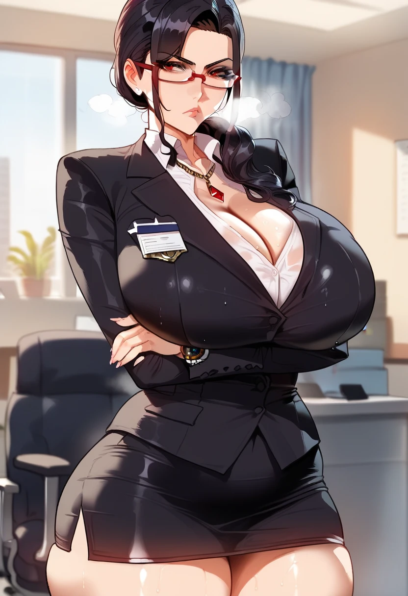 An illustration featuring a plus-size young woman standing confidently before a large audience during a business presentation. She wears a professional suit and tie ensemble, adorned with a statement necklace and matching earrings. Her hair is styled neatly, pulled back into a sleek updo, revealing her round cheeks and plump lips. With one arm raised, she gestures towards a projector screen behind her, where a slide displaying financial data is displayed. The room is filled with rows of seated individuals, all looking attentively towards the speaker, best image, ultra sharp, 8k quality, 8k sharpen