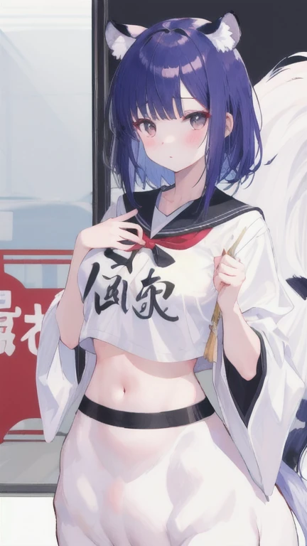 (best quality, masterpiece), 1 girl, centaur, I beg, White skin, Japanese schoolgirl,daughter,black pink, exposing the abdomen, belly button t-shirt , beautiful girl perfect, White tiger photo, 완벽한 White tiger photo
