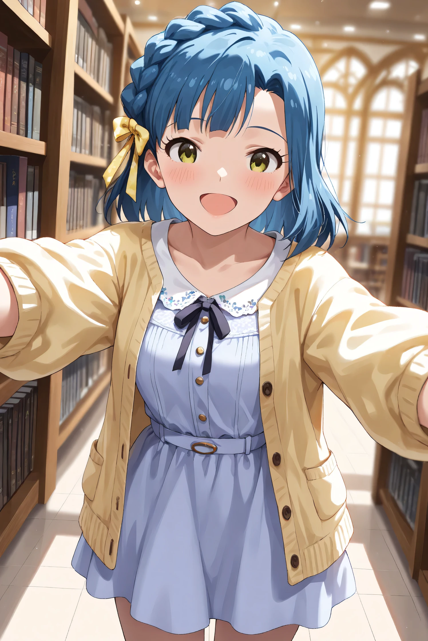 (Masterpiece), (Highest quality), (Very detailed),
(The best shape), (Best Shadow), (Absurd),
(Detailed background), (So beautiful), (Shiny),
(Extraordinary), (Countershading), (8k), (32K),
(High resolution), (Very Detailed CG), (UHD),
(Score_9), (Score_8_up), (Score_7_up),
(Source_anime), (Pastel painting:1.2),
(Watercolor painting:1.2),(Masterpiece, Detailed:1.2), (Foreshortening:1.2),
(Cinematic), (Dramatic), (Depth of field:1.4),
(Blurry background:1.4), (Realistic background:1.4),
(Dynamic angle), (1 girl),
(indoor), (evening), (Library),
(Casual wear:1.3),
(light blue one piece:1.2),
(yellow cardigan), (open cardigan),
(cowboy shot), (Focus on face), (Close up shot),
(Blush:1.3), (Happy), (Smile), (open mouth),
(talking to viewer),
(Realistic skin), (Shiny skin),
(Nanao Yuriko),
(The idolmaster million live!),
mirishita, yuriko, hair ribbon,