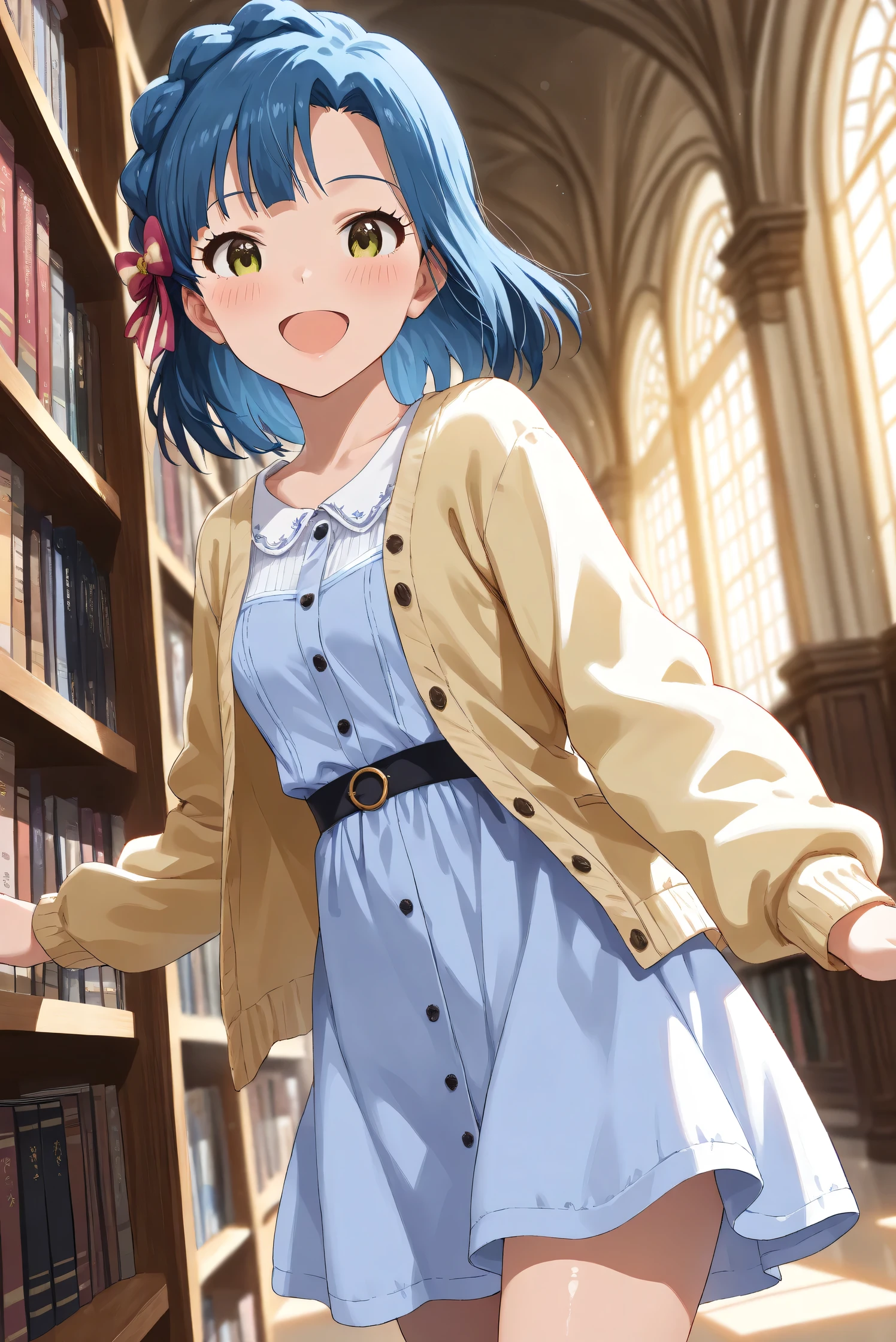 (Masterpiece), (Highest quality), (Very detailed),
(The best shape), (Best Shadow), (Absurd),
(Detailed background), (So beautiful), (Shiny),
(Extraordinary), (Countershading), (8k), (32K),
(High resolution), (Very Detailed CG), (UHD),
(Score_9), (Score_8_up), (Score_7_up),
(Source_anime), (Pastel painting:1.2),
(Watercolor painting:1.2),(Masterpiece, Detailed:1.2), (Foreshortening:1.2),
(Cinematic), (Dramatic), (Depth of field:1.4),
(Blurry background:1.4), (Realistic background:1.4),
(Dynamic angle), (1 girl),
(indoor), (evening), (Library),
(Casual wear:1.3),
(light blue one piece:1.2),
(yellow cardigan), (open cardigan),
(cowboy shot), (Focus on face), (Close up shot),
(Blush:1.3), (Happy), (Smile), (open mouth),
(talking to viewer),
(Realistic skin), (Shiny skin),
(Nanao Yuriko),
(The idolmaster million live!),
mirishita, yuriko, hair ribbon,