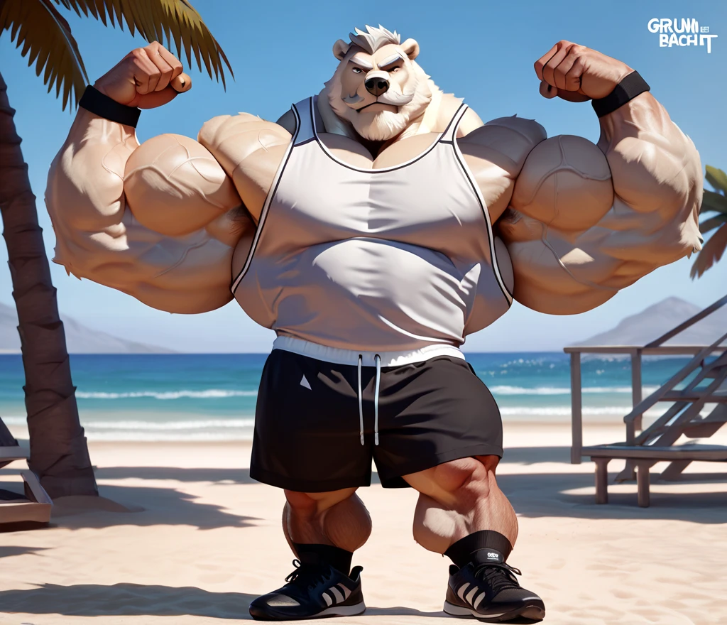 realistic, hyper realistic, detailed muscle,(furry White Polar Bear), good anatomy, masterpiece, art winner, beach, extremely huge muscular, massive muscular, full-body, well-muscled old man. ((extremely muscle size, super thick arms, huge pec, extremely wide pectoral , huge arms)). and add details to make it attractive and interesting. Add textures and details to make the image more realistic, Make sure the resulting image is high resolution, 8K quality."