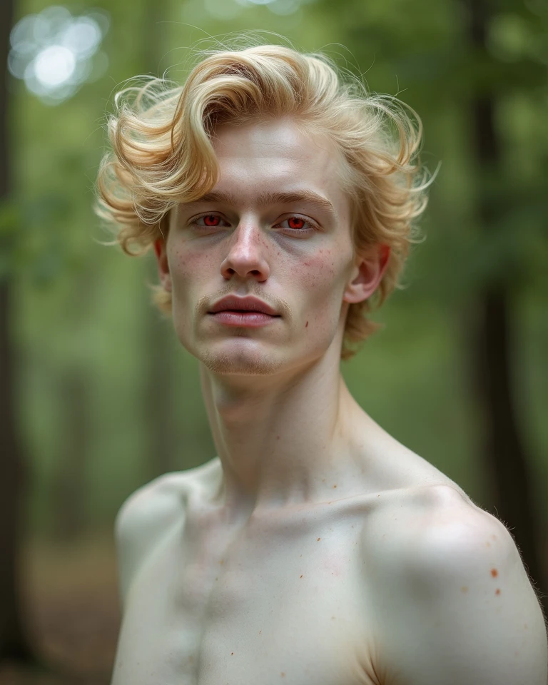 Photo of beautiful boy in his 20s naked without any clothes, Sitting with legs stretched on a log in a foggy forest, abundant yellow hair, Bushy bangs, Beautiful eyes that sparkle, Symmetrical beautiful face, Pretty and innocent face, without makeup, Unadorned, Film grain, dreamy photo, Concept photo, Emotional Photography, film photography, photos realistic, realisitic, Sharp Focus, 14k, ighly detailed, cgsociety, ultra-definition, Very fine particles, Dusty photo, Grain Filter