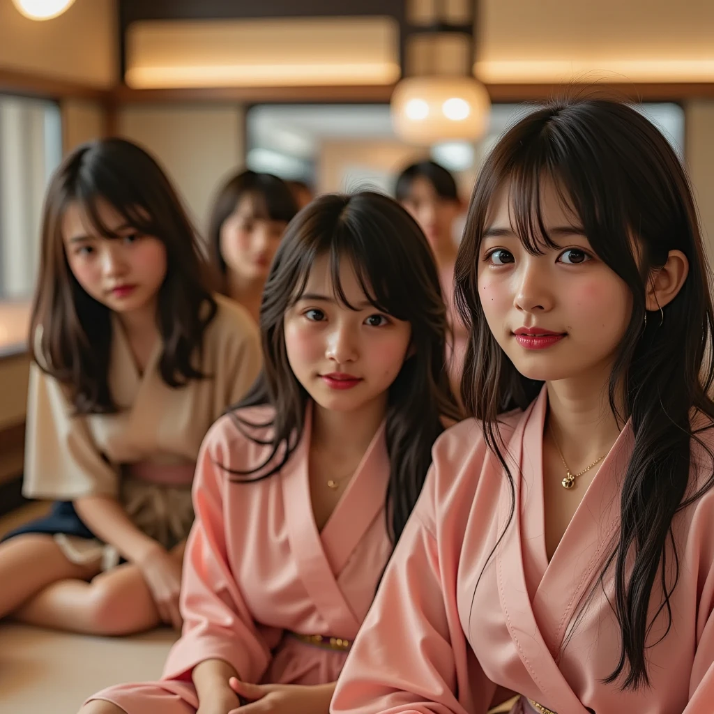 Ultra-realistic capture, Highly detailed, Skin texture must be natural, With such detail that pores can be finely identified. Skin should look healthy, In a uniform tone. Use natural light and color, masterpiece, capturing the moment a 20-year-old female college student encounters several 14-year-old clones of herself, The clones are innocently smiling, gazing at their original with curiosity and joy, while the college student looks back at them with an expression of surprise and bewilderment. None of the figures are looking at the camera. All are Japanese with black hair, The setting is inside a house, portrayed with photographic realism and illuminated by natural light, nsfw, naked