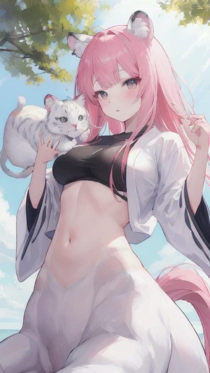 (best quality, masterpiece), 1 girl, centaur, It takes, White skin, Korean , black pink,Smiling, exposing the abdomen, belly button t-shirt , 아름다운 소녀 perfect white tiger photo, perfect white tiger photo