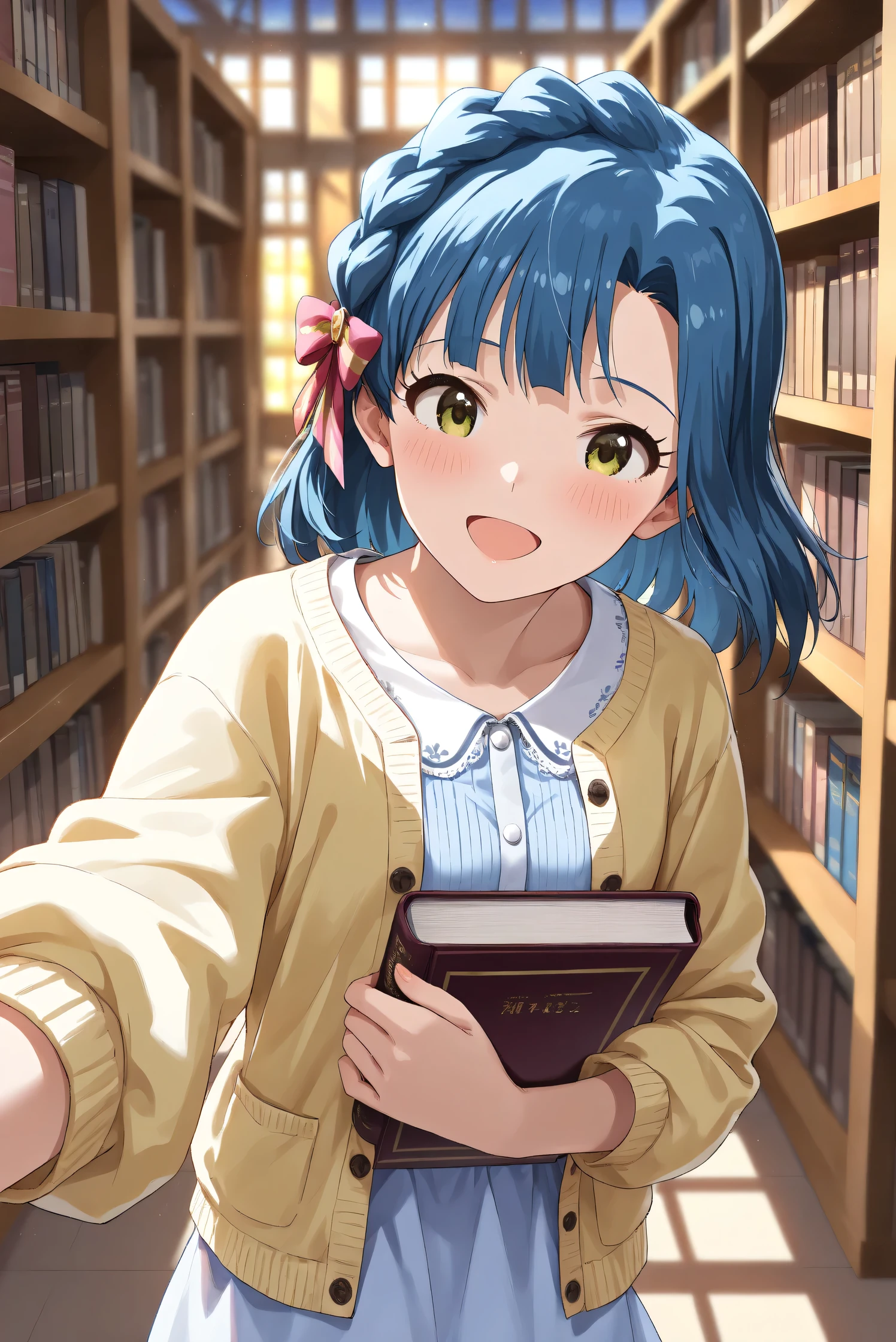 (Masterpiece), (Highest quality), (Very detailed),
(The best shape), (Best Shadow), (Absurd),
(Detailed background), (So beautiful), (Shiny),
(Extraordinary), (Countershading), (8k), (32K),
(High resolution), (Very Detailed CG), (UHD),
(Score_9), (Score_8_up), (Score_7_up),
(Source_anime), (Pastel painting:1.2),
(Watercolor painting:1.2),(Masterpiece, Detailed:1.2), (Foreshortening:1.2),
(Cinematic), (Dramatic), (Depth of field:1.4),
(Blurry background:1.4), (Realistic background:1.4),
(Dynamic angle), (1 girl),
(indoor), (evening), (Library),
(Casual wear:1.3),
(light blue one piece:1.2),
(yellow cardigan), (open cardigan),
(cowboy shot), (Focus on face), (Close up shot),
(Blush:1.3), (Happy), (Smile), (open mouth),
(talking to viewer), (Holding a book),
(Realistic skin), (Shiny skin),
(Nanao Yuriko),
(The idolmaster million live!),
mirishita, yuriko, hair ribbon,