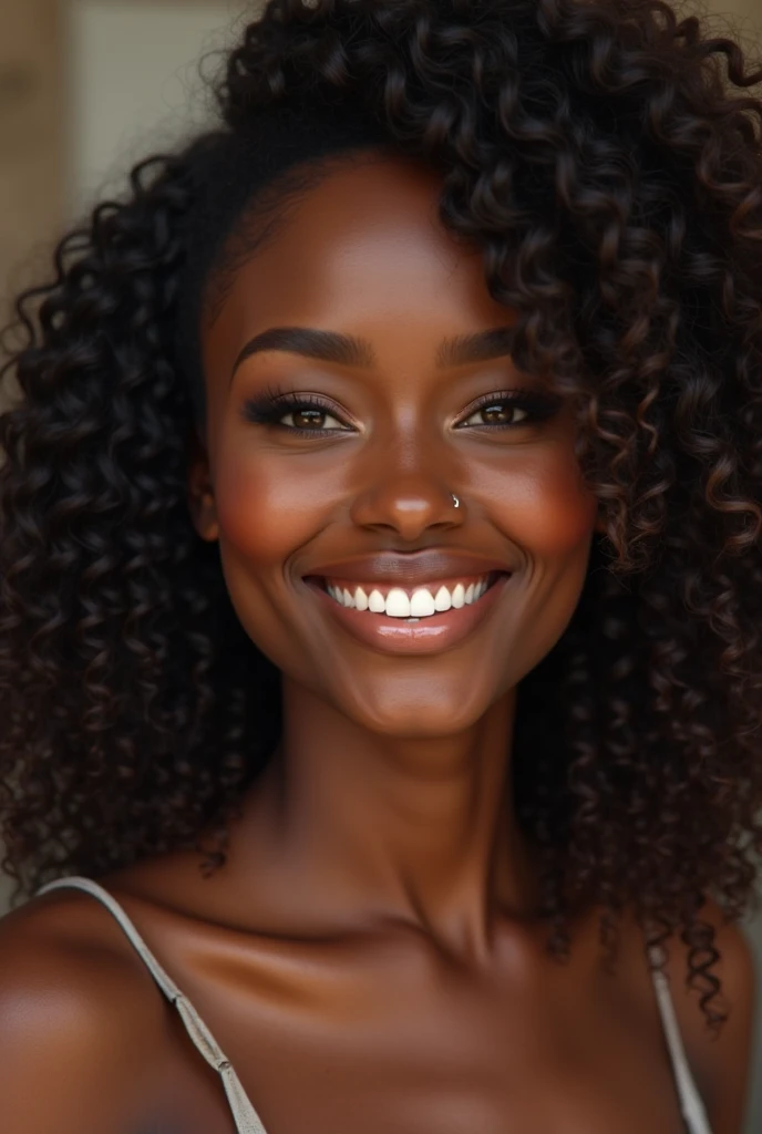 Elle a une peau d'un magnifique ton chocolat, lisse et éclatante. Son visage est délicat, avec des traits bien dessinés : des yeux brillants et expressifs qui attirent l'attention, des sourcils bien dessinés et des lèvres pulpeuses qui se courbent souvent en un sourire chaleureux. Ses cheveux, crépus et volumineux, tombent en boucles naturelles autour de son visage, ajoutant à son charme.

Sa silhouette est voluptueuse, avec une taille fine qui accentue ses courbes généreuses. Ses seins sont pleins et bien proportionnés, mettant en valeur sa féminité. Ses hanches sont larges et se terminent par des fesses bien rondes, qui lui donnent une allure à la fois séduisante et élégante. Elle dégage une confiance en soi qui attire les regards et laisse une impression durable. Elle est devant la télé au salon 