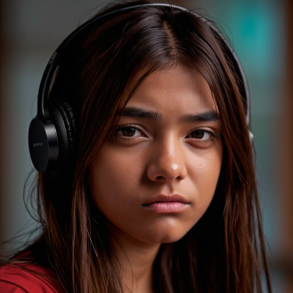 very poor orphan chid listening to headphones in the streets alone at night