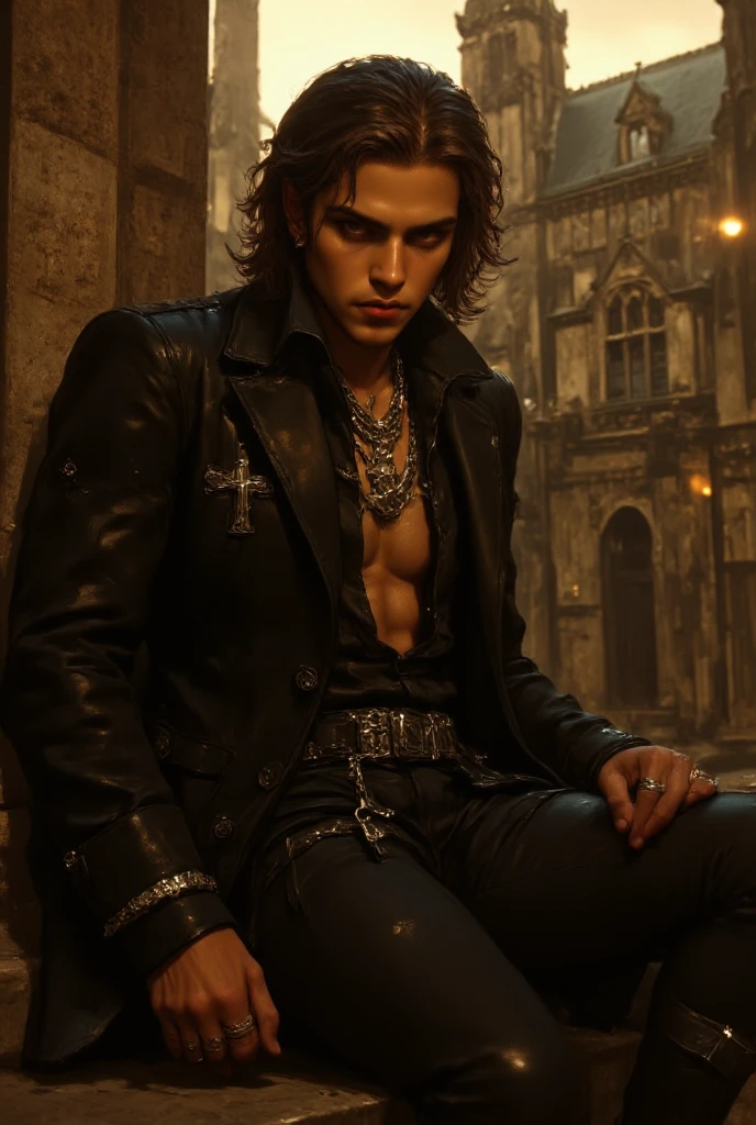 He wears a black leather jacket, a pair of black leather pants, a leather boot with chains holding it to the ankle, he has a red scabbard for a sword, some daggers on the side, he has light brown hair, dark shaped eyes, and all over his clothes there are designs of black roses decorating, the only visible parts are the face and hands, a definitely handsome man, just swap the last man with this one, A MAN Make with black dragons background