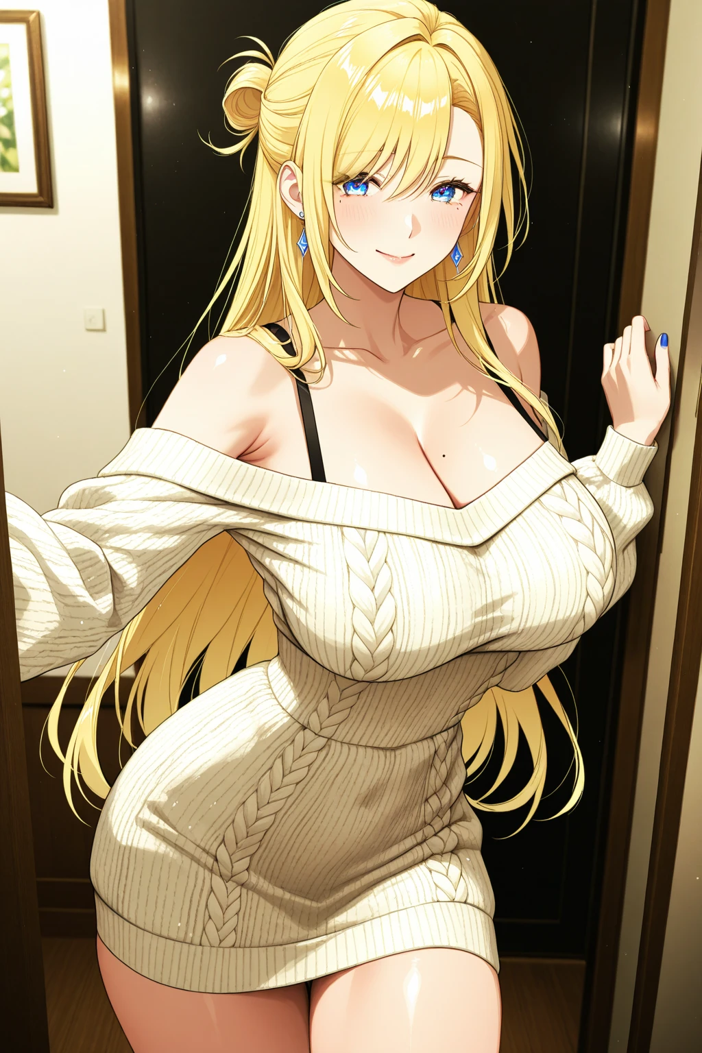 Beautiful Woman, erotic body, cute looking, anime style, girls room, night country background, cute clothes, blonde hair, middle, midnight hour, big tits