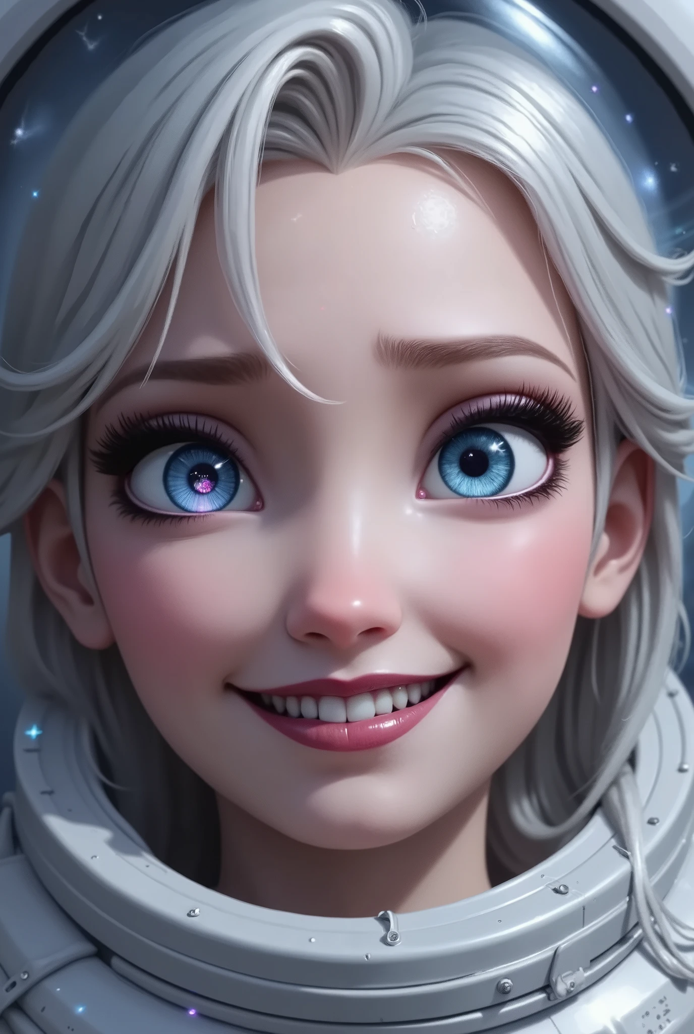 (Close-up of a better masterpiece:1.5)0.9], (Space and astronauts:1.2) (Messy silver hair:1.1) (Heterochromia xanthochromia and blue eyes:1.pace Helmet:1.0) (Colored stars in the eyes:1.0) (A radiant glow:1.1) (thick lips:0.9)