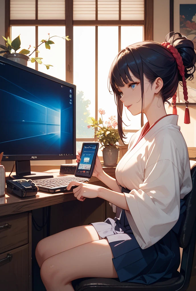 A full-body mannequin deep kissing a computer,mannequin is a high school girl,The mannequin is 165cm tall,Mannequin color'My face is white.,Mannequin color'The body is pure white.,The mannequin has brown hair.( ponytail,bangs),Mannequin color'lips light pink color.,mannequin'Eye color is black,mannequin has a long, Thin face.,mannequin is wearing a coat Bangs