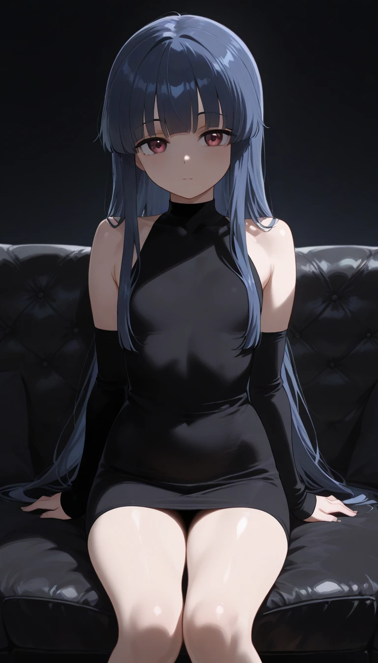 chaesu-minah, 1girl, solo,matte black dress,dres length to half of thigh, stockings, black high heel sandals, sitting on stool, side to camera, looking to camera, legs on floor, white backgroud crossed legs, FULL BODY VIEW!!!!, only 2 legs