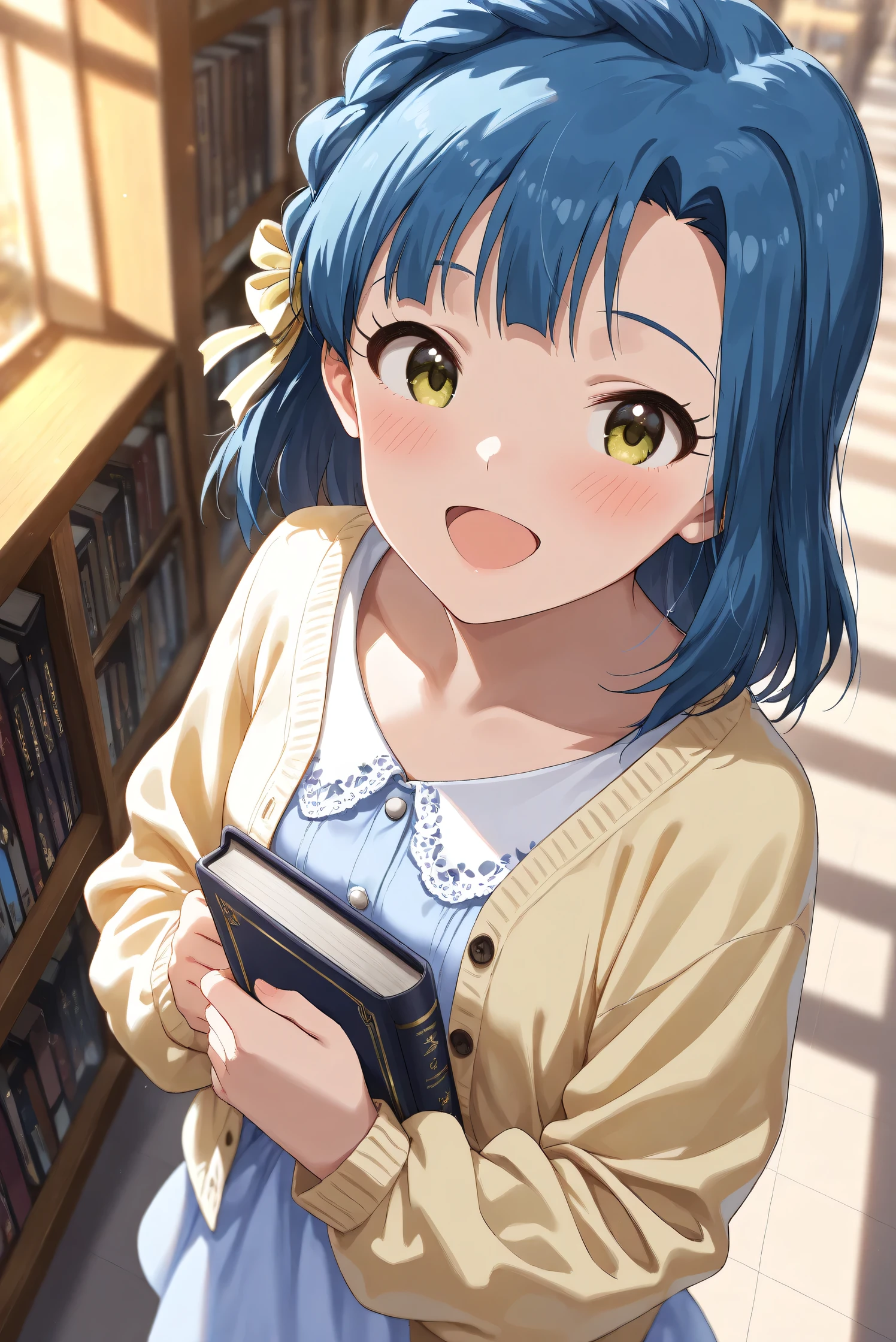 (Masterpiece), (Highest quality), (Very detailed),
(The best shape), (Best Shadow), (Absurd),
(Detailed background), (So beautiful), (Shiny),
(Extraordinary), (Countershading), (8k), (32K),
(High resolution), (Very Detailed CG), (UHD),
(Score_9), (Score_8_up), (Score_7_up),
(Source_anime), (Pastel painting:1.2),
(Watercolor painting:1.2),(Masterpiece, Detailed:1.2), (Foreshortening:1.2),
(Cinematic), (Dramatic), (Depth of field:1.4),
(Blurry background:1.4), (Realistic background:1.4),
(Dynamic angle), (1 girl),
(indoor), (evening), (Library), (from above),
(Casual wear:1.3),
(light blue one piece:1.2),
(yellow cardigan), (open cardigan),
(cowboy shot), (Focus on face), (Close up shot),
(Blush:1.3), (Happy), (Smile), (open mouth),
(talking to viewer), (Holding a book),
(Realistic skin), (Shiny skin),
(Nanao Yuriko),
(The idolmaster million live!),
mirishita, yuriko, hair ribbon,