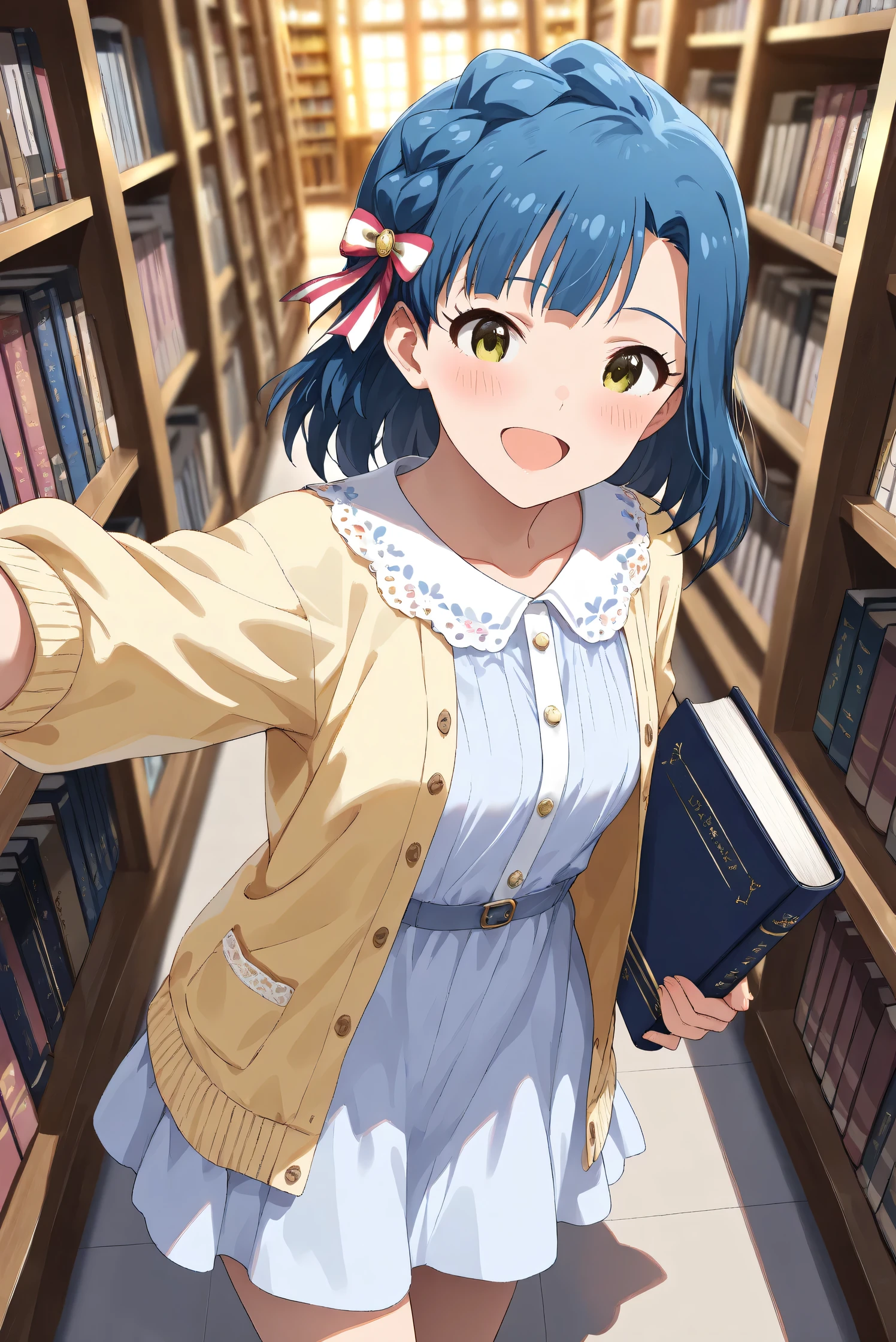 (Masterpiece), (Highest quality), (Very detailed),
(The best shape), (Best Shadow), (Absurd),
(Detailed background), (So beautiful), (Shiny),
(Extraordinary), (Countershading), (8k), (32K),
(High resolution), (Very Detailed CG), (UHD),
(Score_9), (Score_8_up), (Score_7_up),
(Source_anime), (Pastel painting:1.2),
(Watercolor painting:1.2),(Masterpiece, Detailed:1.2), (Foreshortening:1.2),
(Cinematic), (Dramatic), (Depth of field:1.4),
(Blurry background:1.4), (Realistic background:1.4),
(Dynamic angle), (1 girl),
(indoor), (evening), (Library), (from above),
(Casual wear:1.3),
(light blue one piece:1.2),
(yellow cardigan), (open cardigan),
(cowboy shot), (Focus on face), (Close up shot),
(Blush:1.3), (Happy), (Smile), (open mouth),
(talking to viewer), (Holding a book),
(Realistic skin), (Shiny skin),
(Nanao Yuriko),
(The idolmaster million live!),
mirishita, yuriko, hair ribbon,