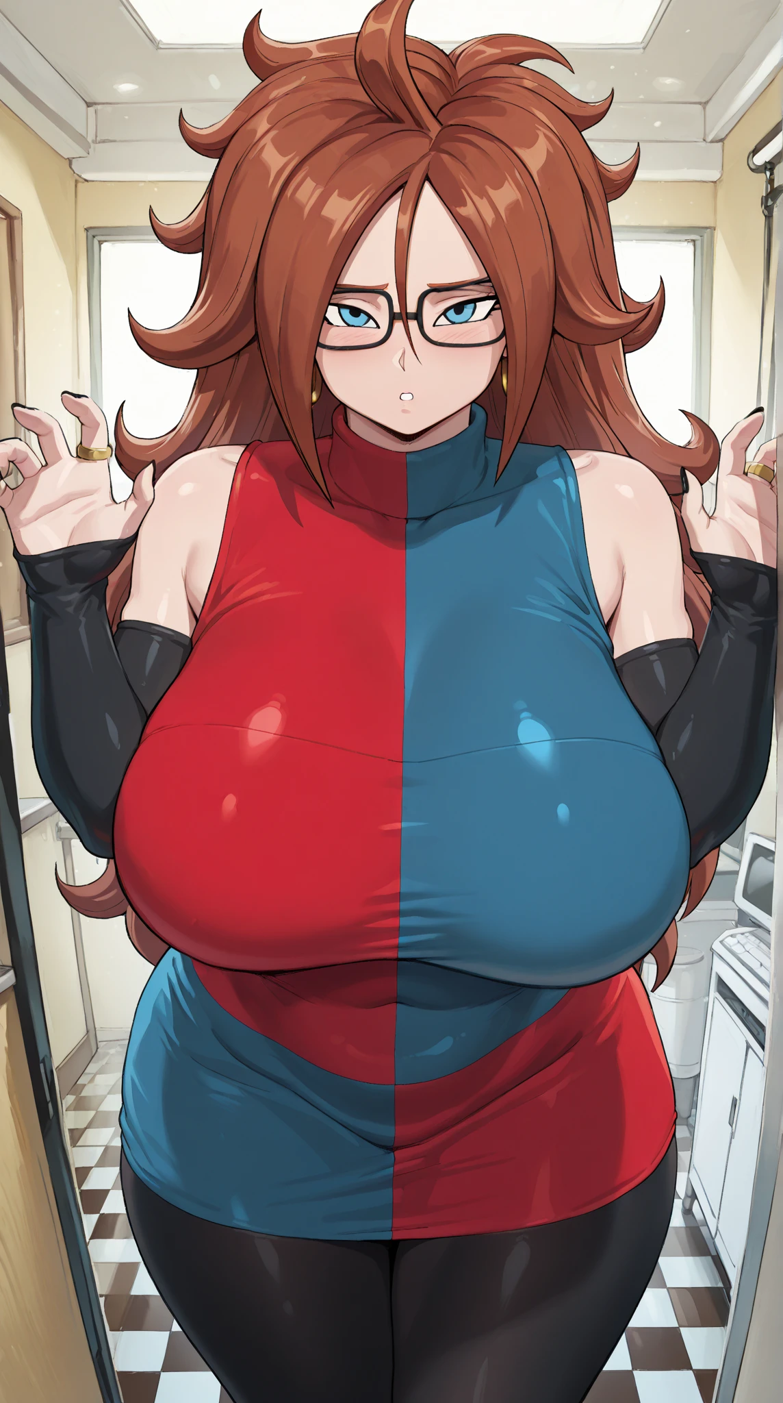 1girl, solo, defa21, glasses, checkered dress, arm warmers, black pantyhose, asymmetrical boots, huge breasts, sweating, beach, armpits. masterpiece, best quality, 1girl, breast, huge breasts, one eye closed, brown hair,s solo, blue eyes, long hair, large breasts, smile, looking at viewer, simple background, perfect body, perfect clear skin, ultra quality, masterpiece, high quality, beautiful, sexy face, pretty, fit, facing the camera, big_breast, perfect breast, gigantic_breast, sexy breast, horny, perfect_eyes