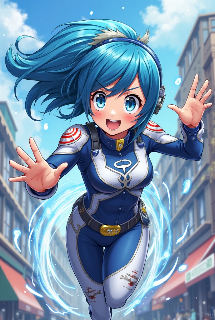 score_9, score_8_up, score_7_up, score_6_up,source_アニメ, ,Hadou Nejire, My Hero Academia, Wave Twist、blue eyes, Blue long hair, 青いBodysuits, 緑のBodysuits, Yellow gloves, Bodysuits, Are standing, Cowboy Shot, Cameltoe, , The whole face is blushing, Dynamic Pose、 Looking away, Shy, Outdoors,