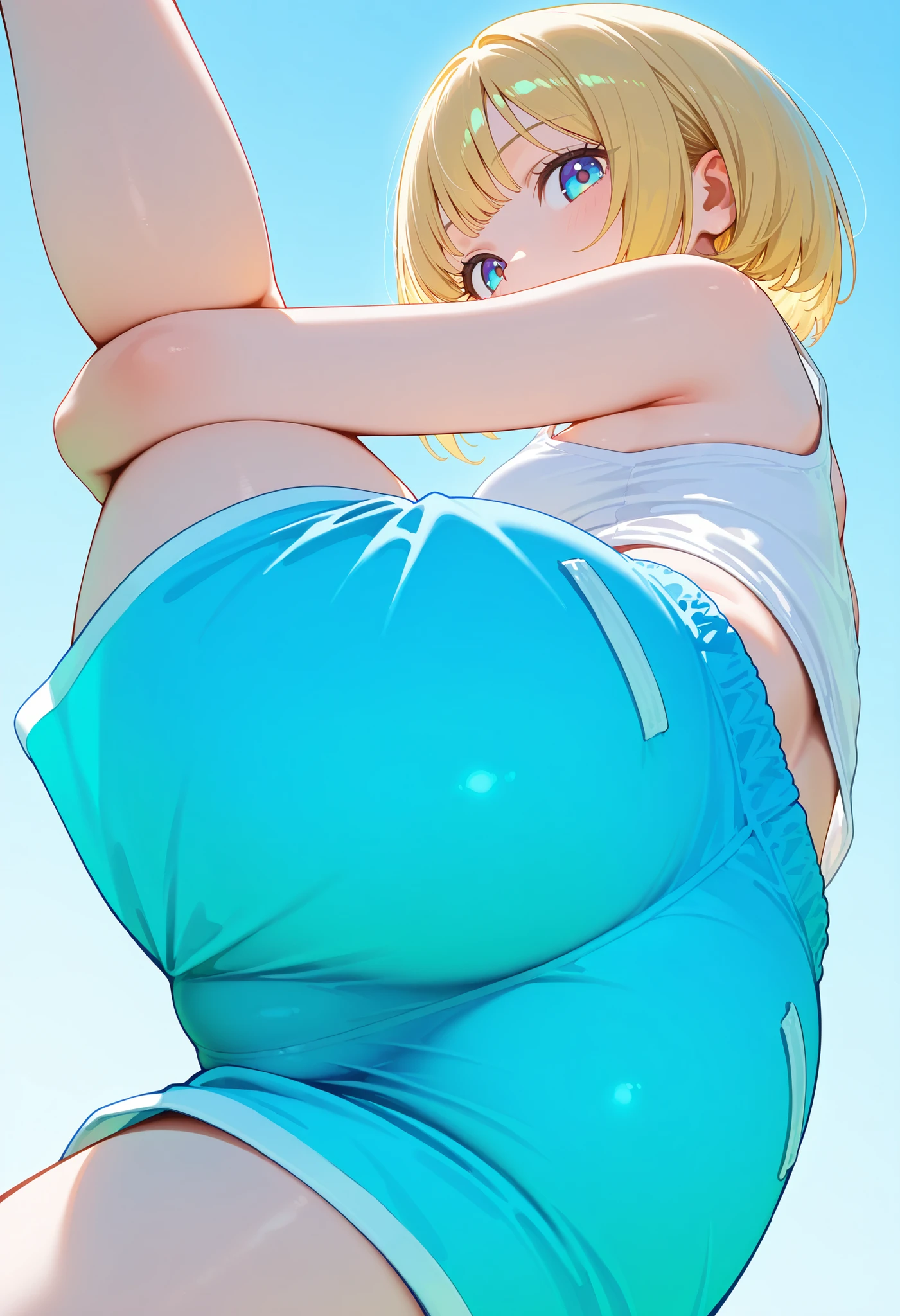1 girl, blonde bob haircut, pastel light blue shorts, white tank top, lying down and holding legs, from below, from behind, looking at viewer