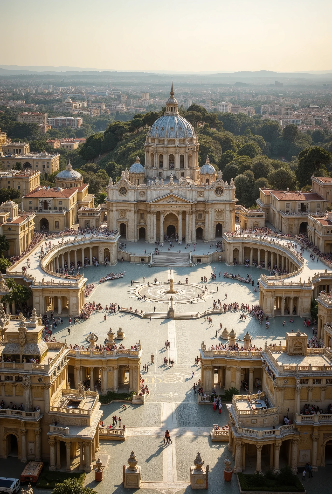 An aerial view showcases the grandeur of Vatican City with St. Peter's Basilica standing majestically at the center with many people, place crowded with people. The basilica's iconic dome dominates the skyline, bathed in the warm, golden light of a setting sun. Surrounding it is the expansive St. Peter's Square, elegantly designed with its symmetrical colonnades forming an embracing oval shape. Scattered throughout the square are small groups of people, each casting long shadows on the stone pavement as the sunlight stretches across the scene. The buildings surrounding the square display traditional Roman architecture, with terracotta roofs and orderly facades adding to the historic ambiance. In the distance, lush greenery merges with the urban landscape, hinting at the broader cityscape of Rome beyond. The atmosphere is serene, with a blend of architectural magnificence and the tranquil glow of dusk enveloping the entire setting.